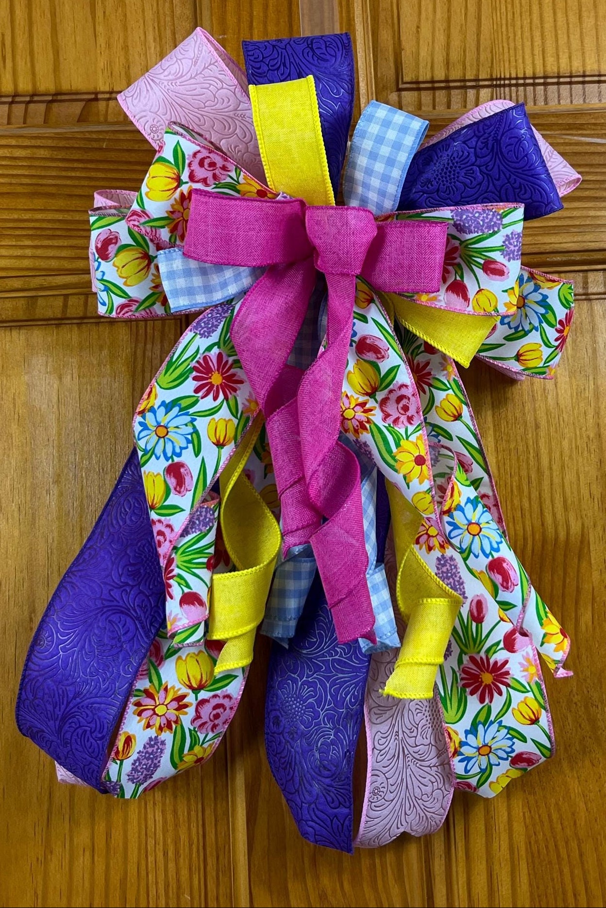 Bow | Spring Floral Wreath Bow | Door Decor with Pink, Yellow & Purple Ribbon
