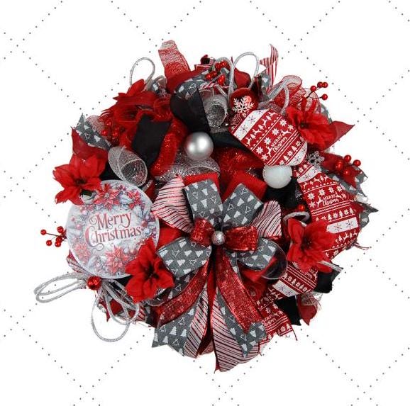 Merry Christmas Wreath | Traditional Christmas Front Door Wreath | Red Silver Farmhouse Holiday Decor | Handmade Christmas Door Hanger