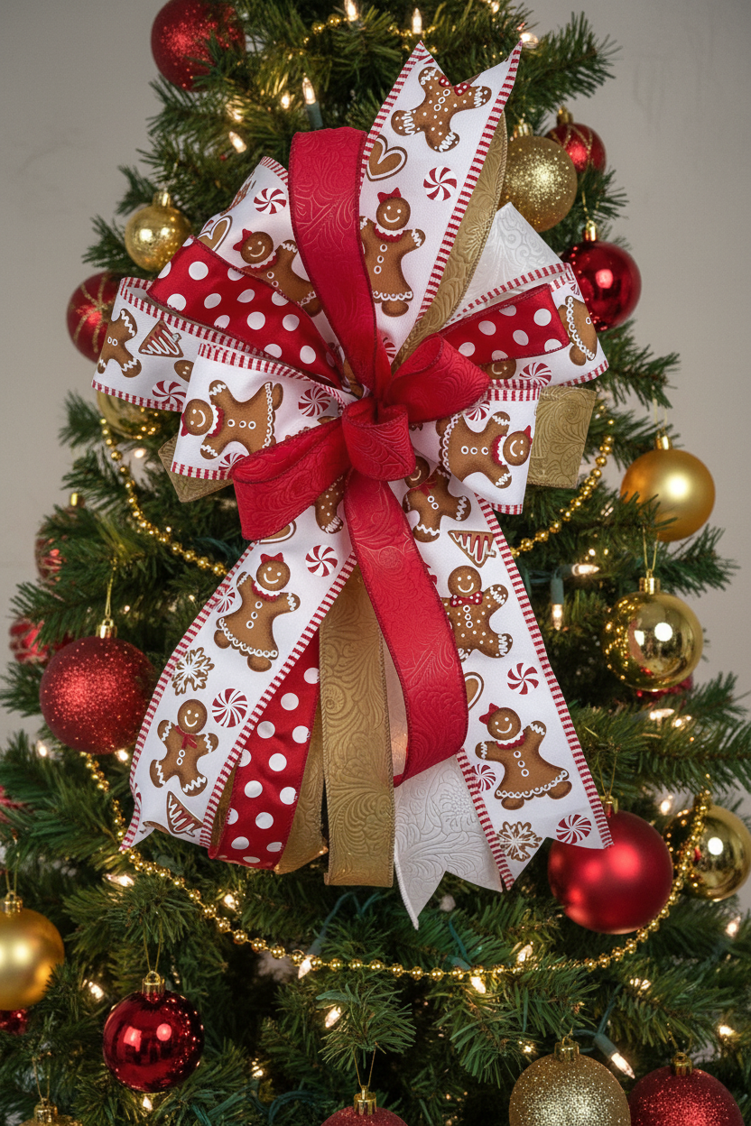 Matching bow

A festive Christmas wreath hanging on a white paneled door, featuring red and white patterned ribbons with gingerbread men, candy canes, and polka dots, accented by a wide red satin bow and gold ribbon.