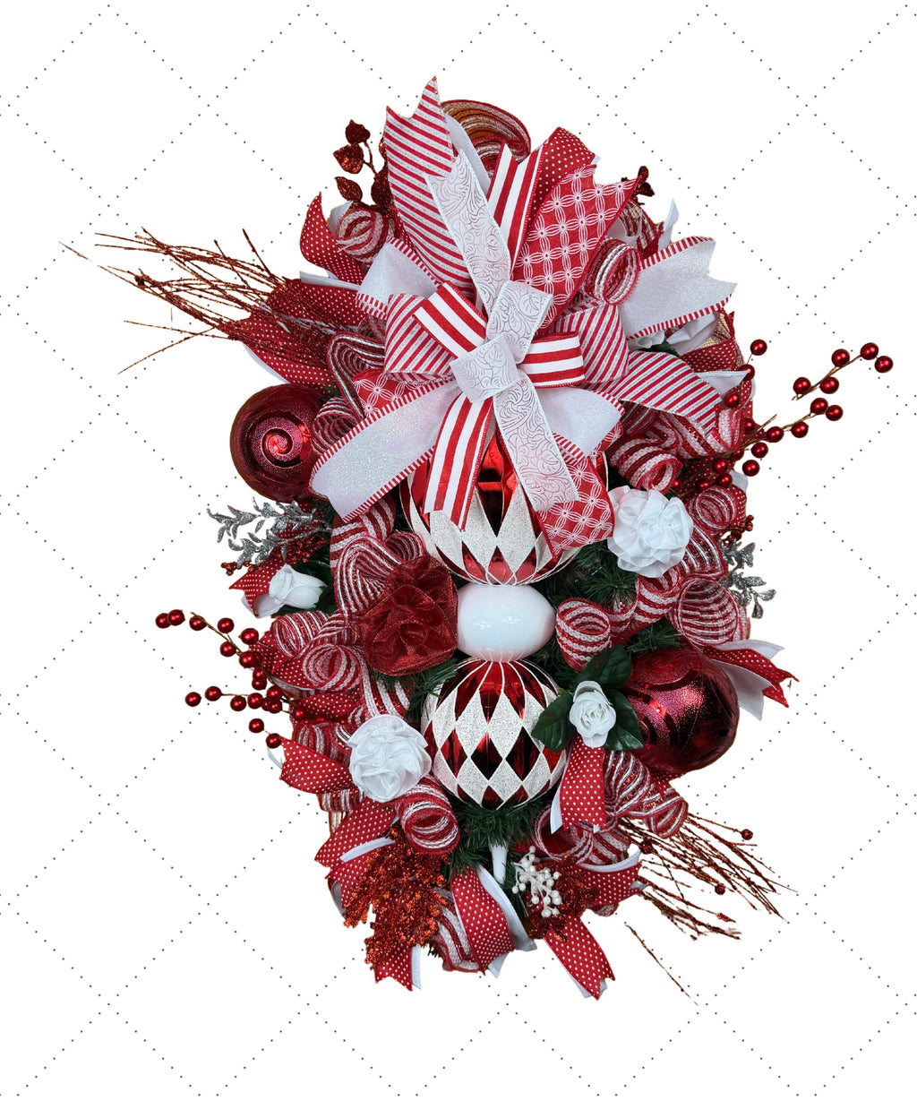 Elegant Stacked Ornament Christmas Wreath | Handmade Red & White Holiday Front Door Wreath | Luxury Christmas Door Hanger | Farmhouse Holiday Decor