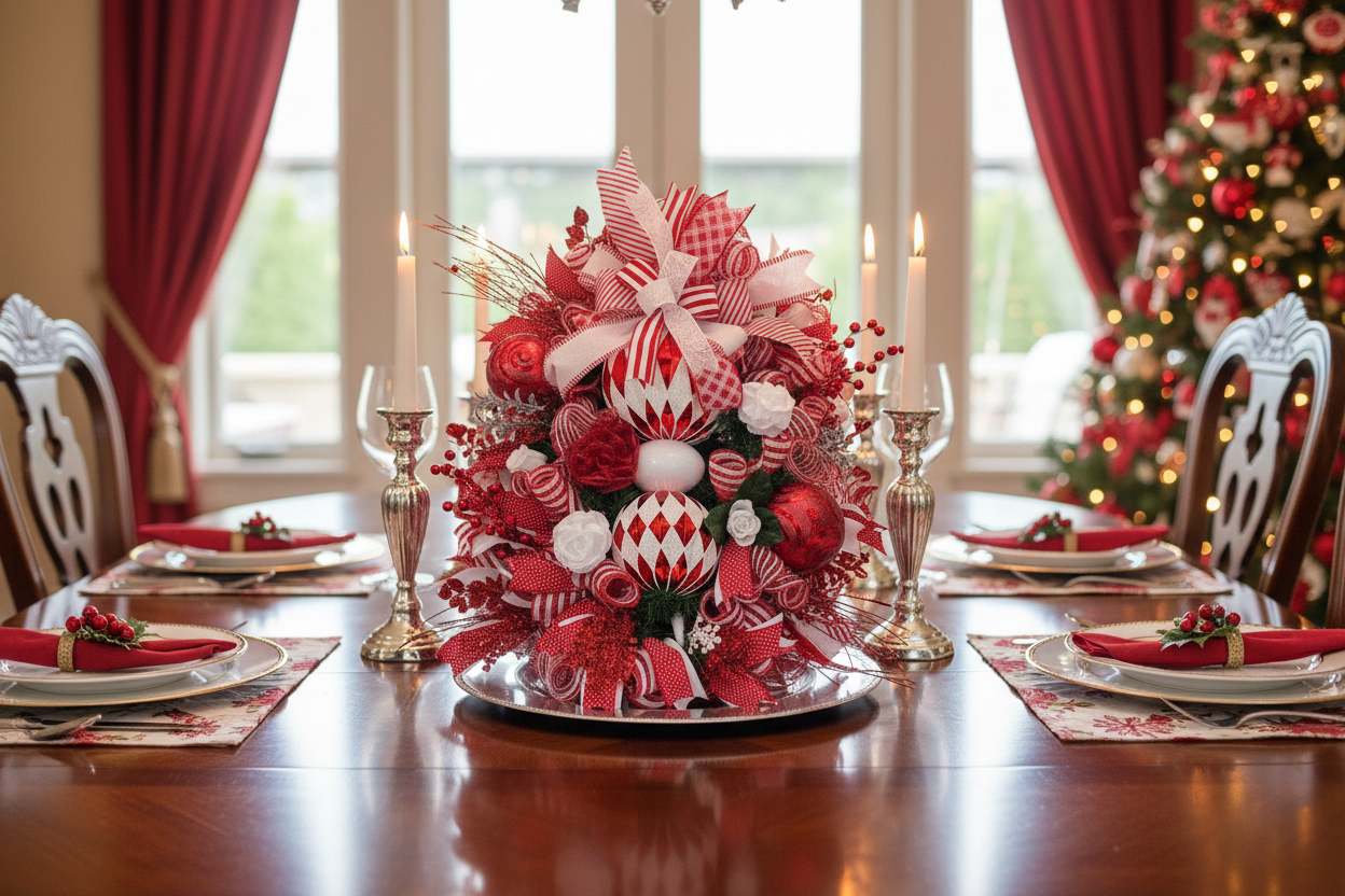 Elegant Stacked Ornament Christmas Wreath | Handmade Red & White Holiday Front Door Wreath | Luxury Christmas Door Hanger | Farmhouse Holiday Decor