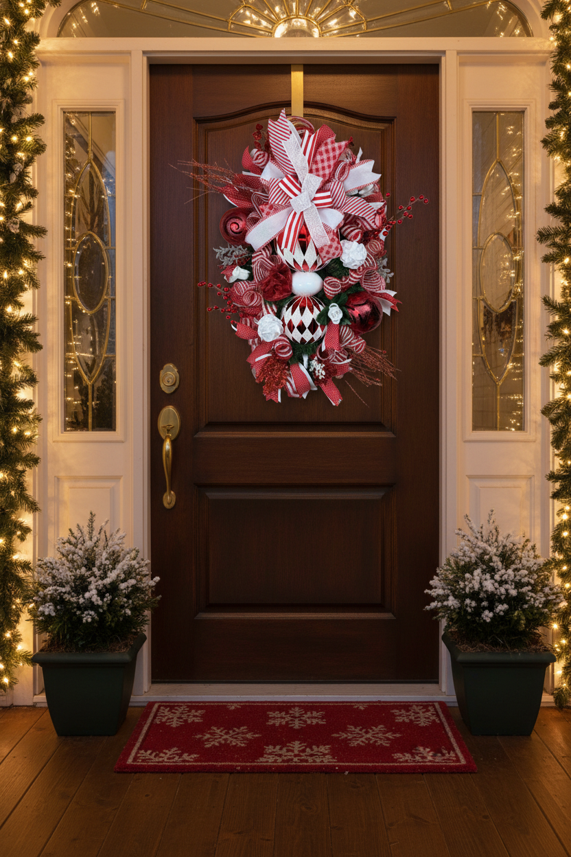 Elegant Stacked Ornament Christmas Wreath | Handmade Red & White Holiday Front Door Wreath | Luxury Christmas Door Hanger | Farmhouse Holiday Decor