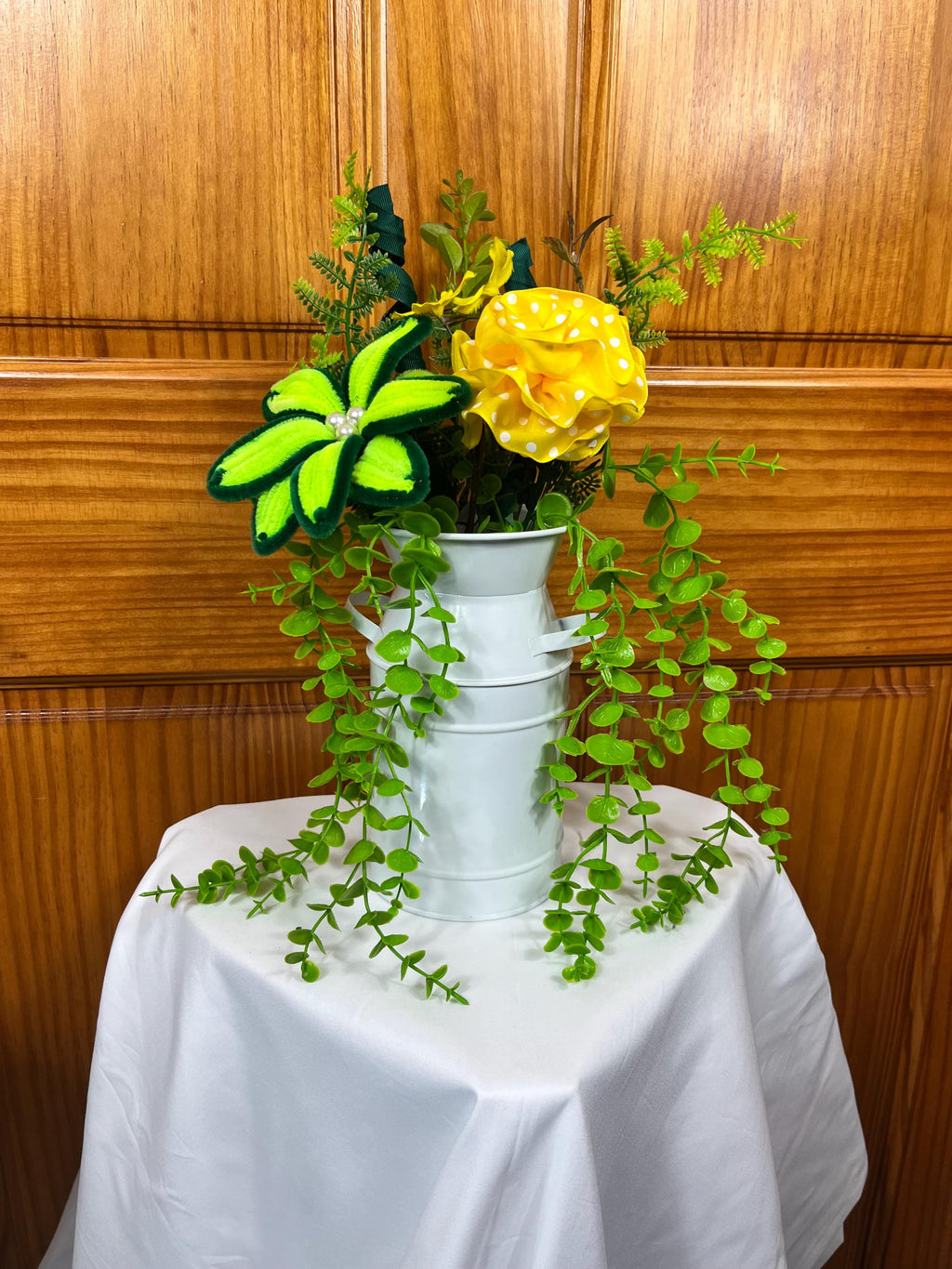 Yellow and Green Floral Arrangement in White Metal Pitcher, Spring Summer Farmhouse Table Decor