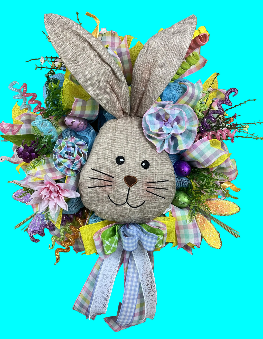Linen Bunny Easter Wreath | Handmade Spring Front Door Wreath | Farmhouse Bunny Decor | Pastel Easter Door Hanger | Easter Bunny Wreath