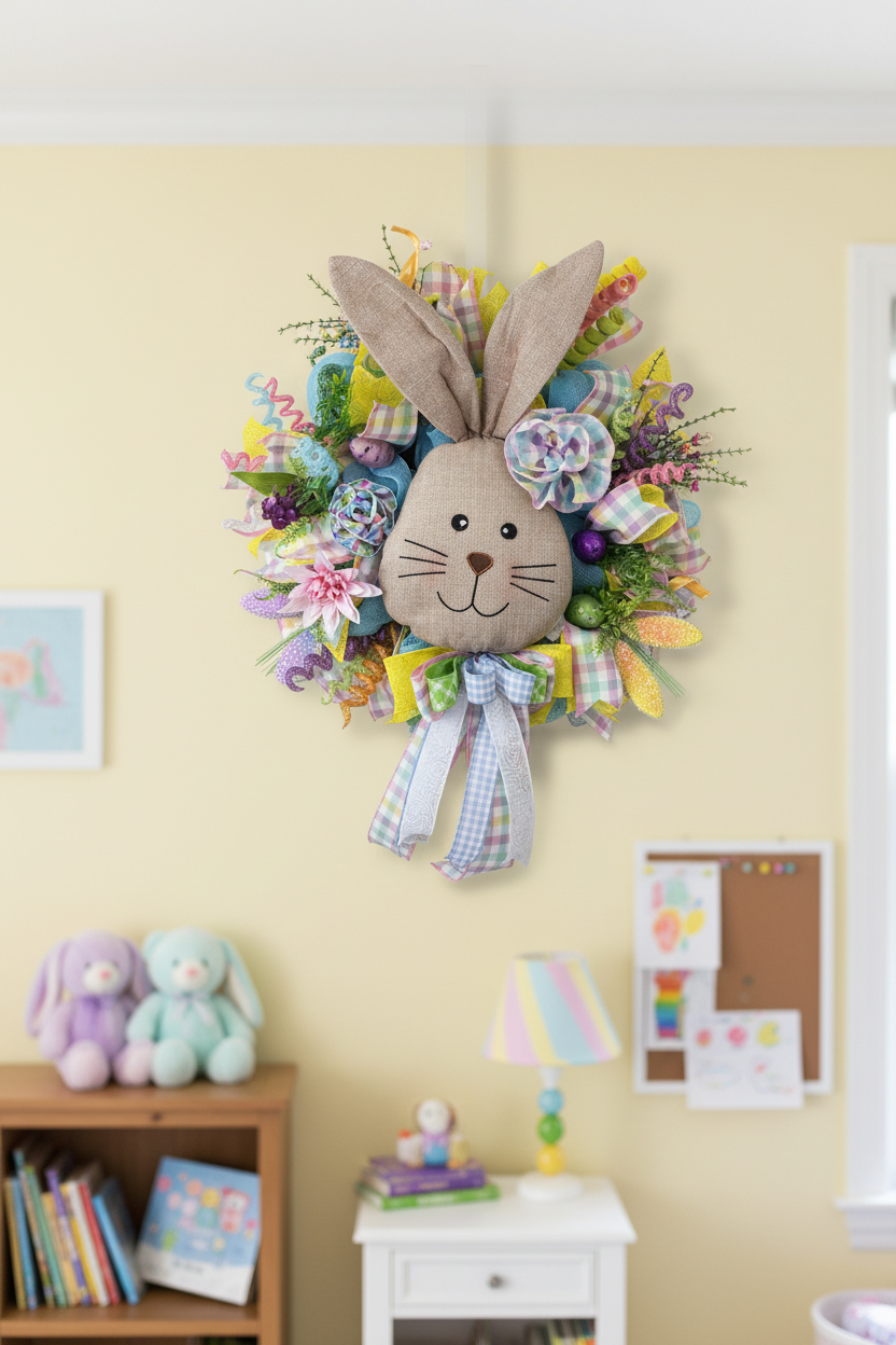Linen Bunny Easter Wreath | Handmade Spring Front Door Wreath | Farmhouse Bunny Decor | Pastel Easter Door Hanger | Easter Bunny Wreath