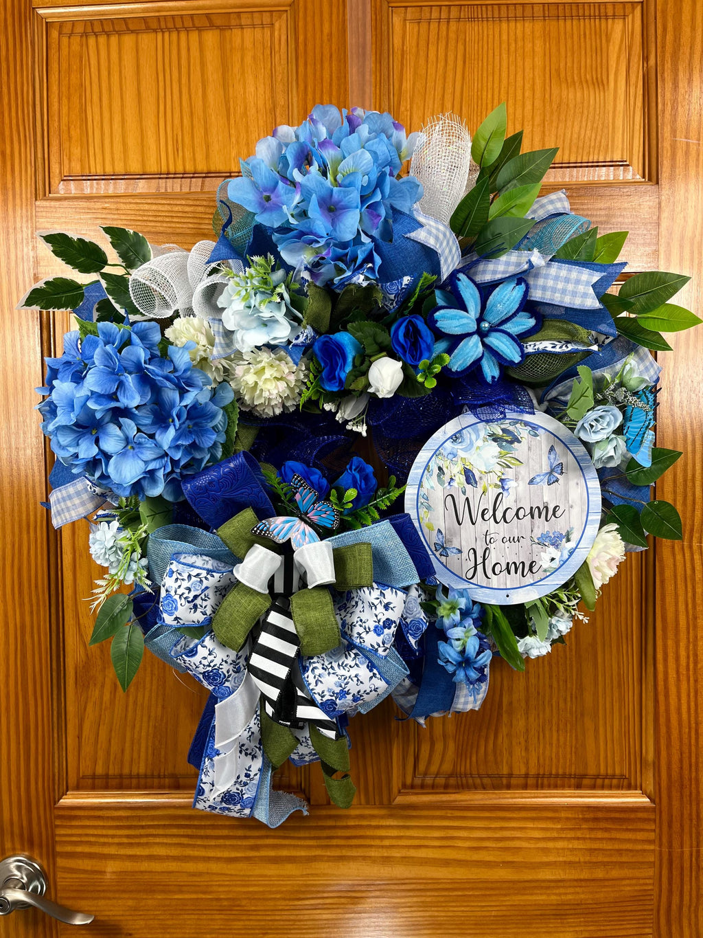 Blue Hydrangea Welcome Home Wreath | Blue White Ribbon Front Door Decor