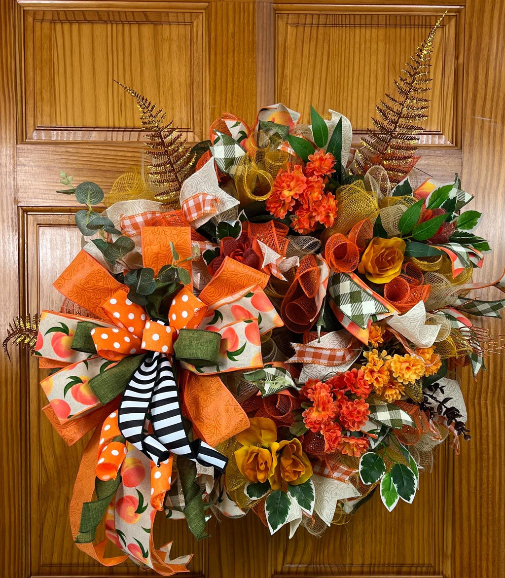 Peach & Orange Fall Wreath | Polka Dot Bows | Autumn Door Decor