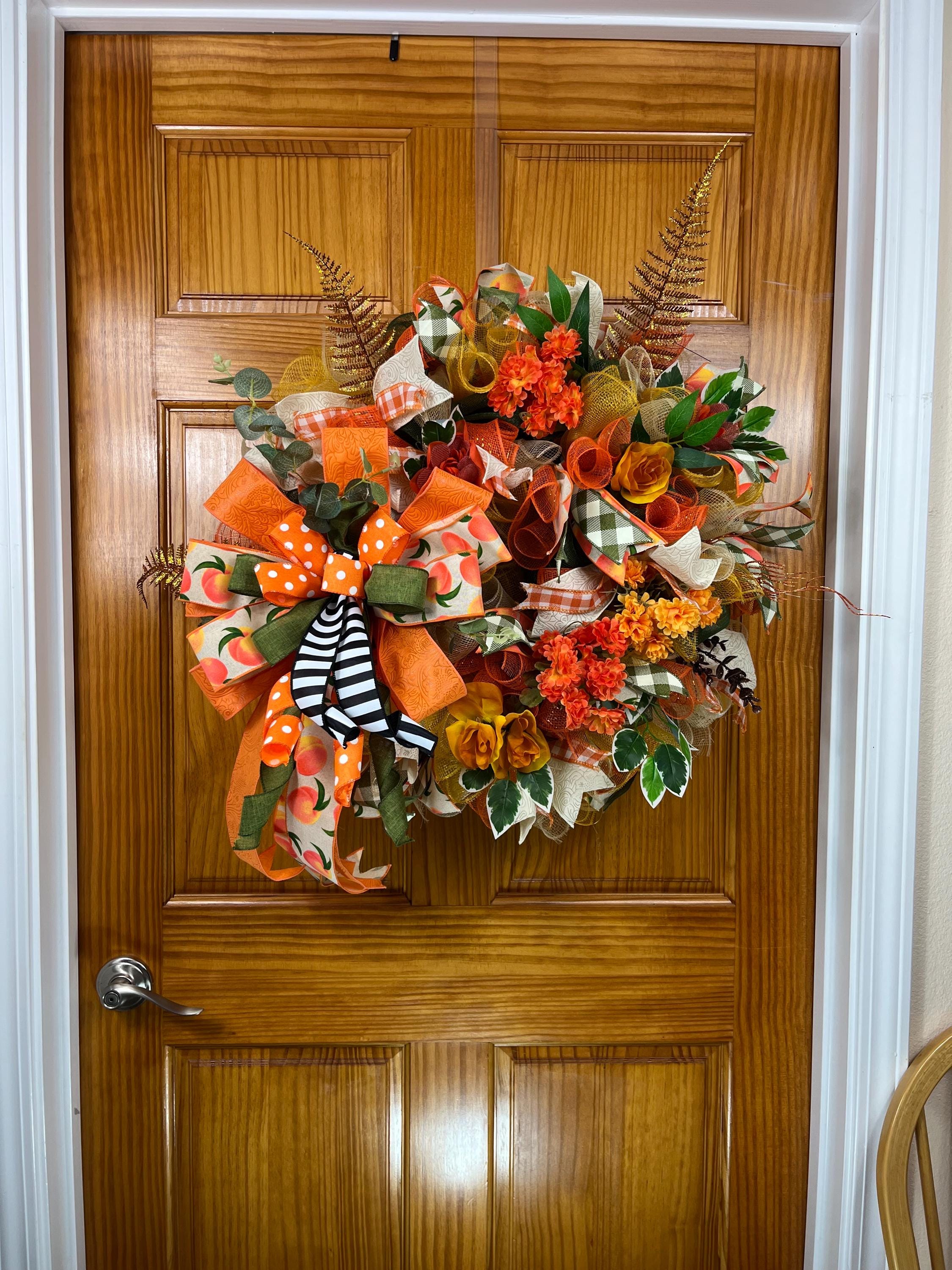Peach & Orange Fall Wreath | Polka Dot Bows | Autumn Door Decor