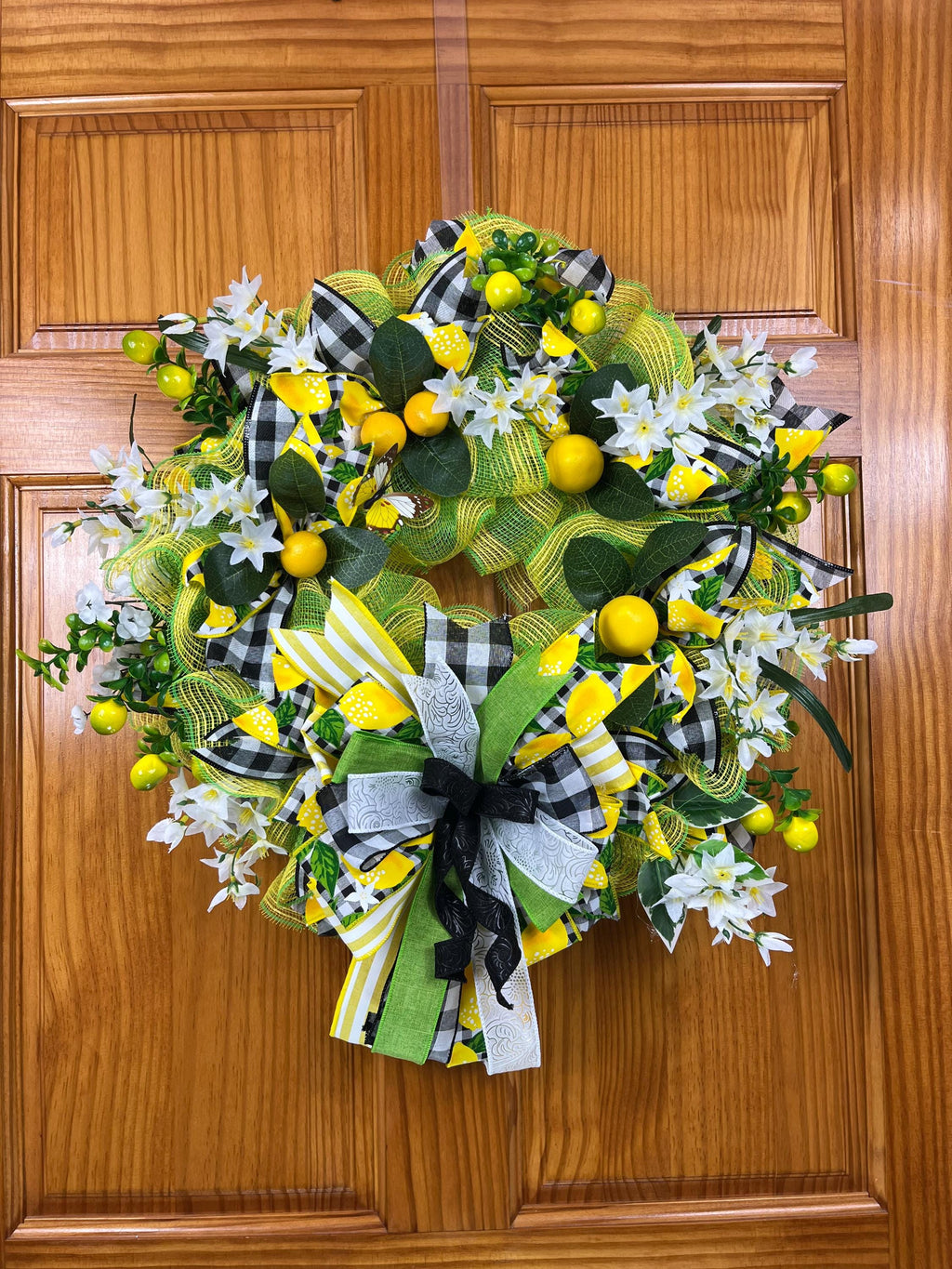 Lemon Wreath | Yellow & Green Summer Door Decor with Gingham Ribbon
