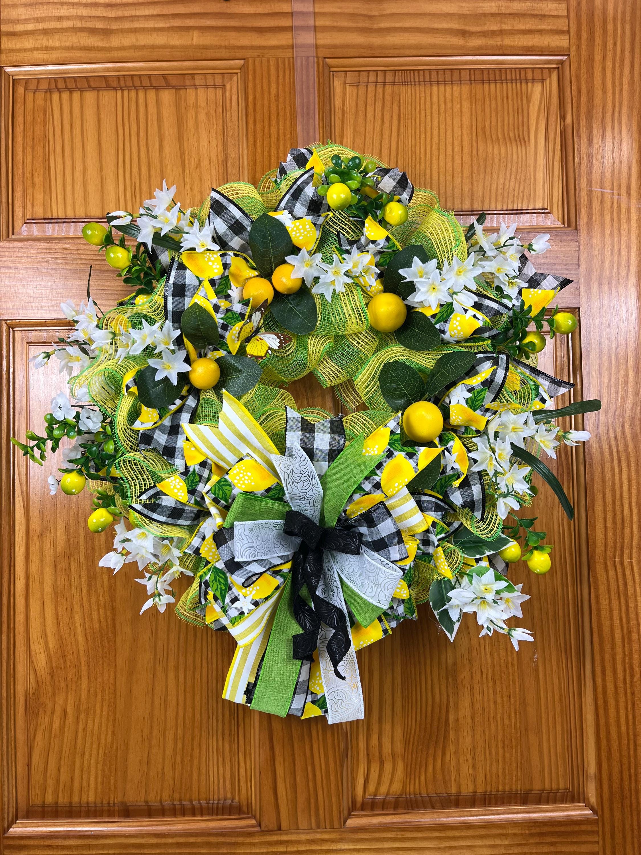 Lemon Wreath | Yellow & Green Summer Door Decor with Gingham Ribbon