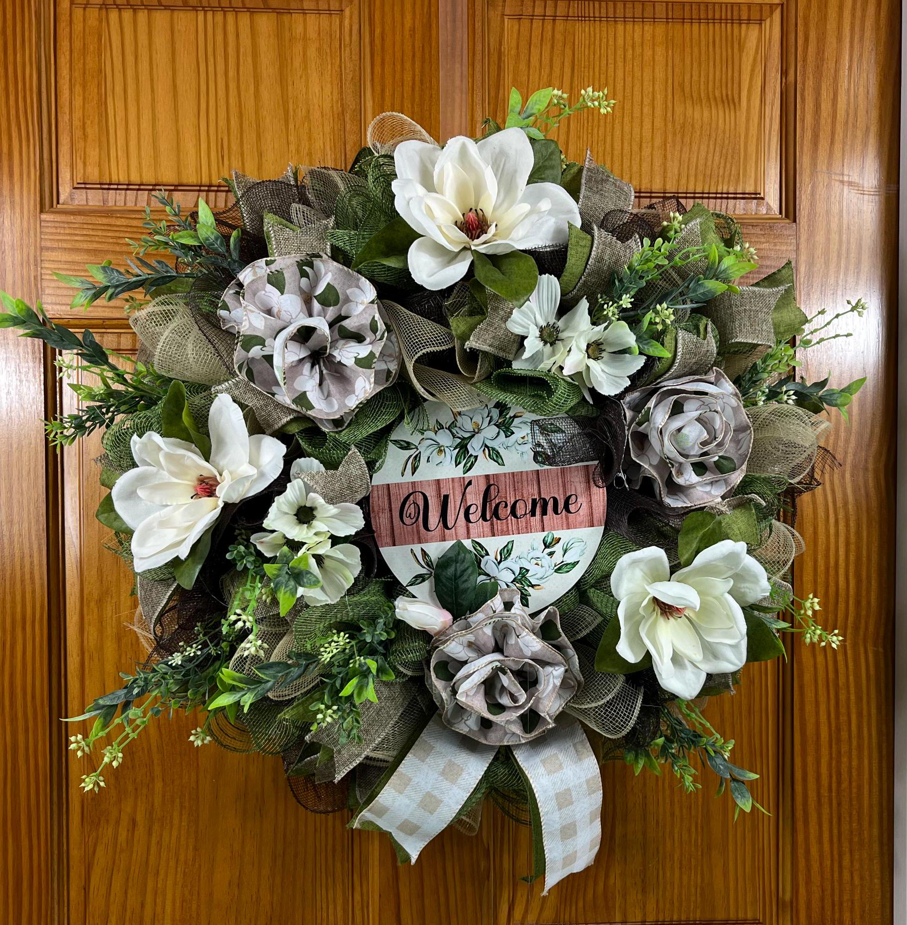 Everyday| Farmhouse Welcome Wreath| Cream Flowers, Burlap Mesh, Greenery