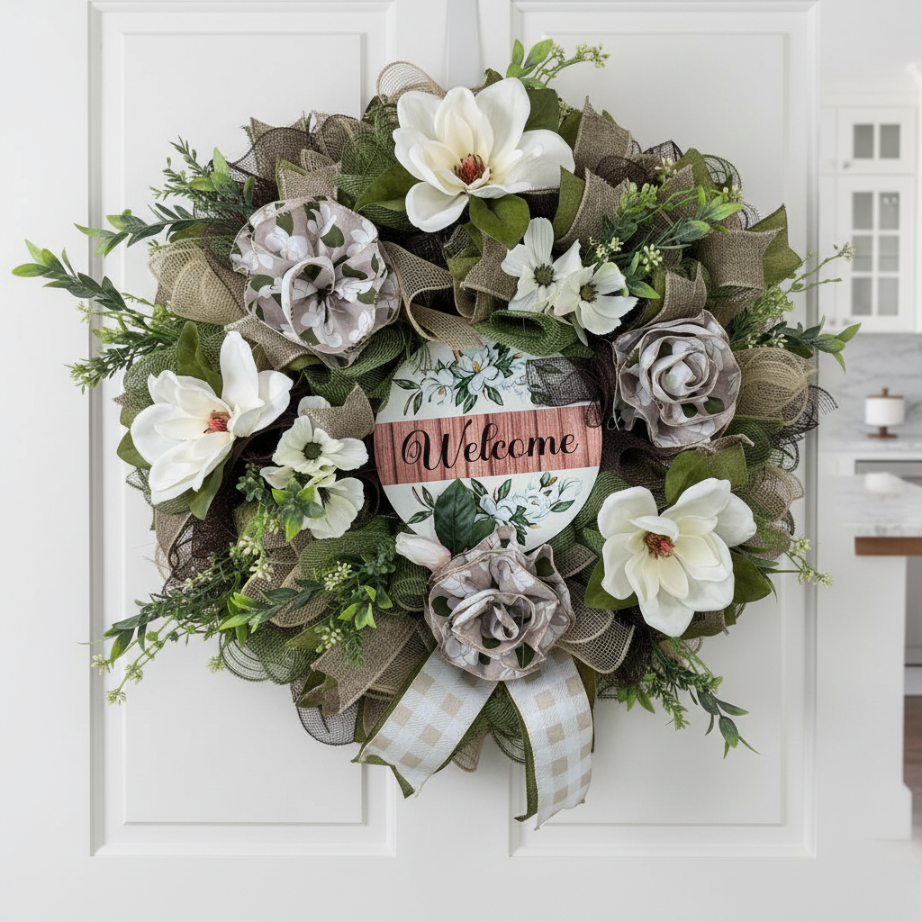 Farmhouse Welcome Wreath| Cream Flowers, Burlap Mesh, Greenery