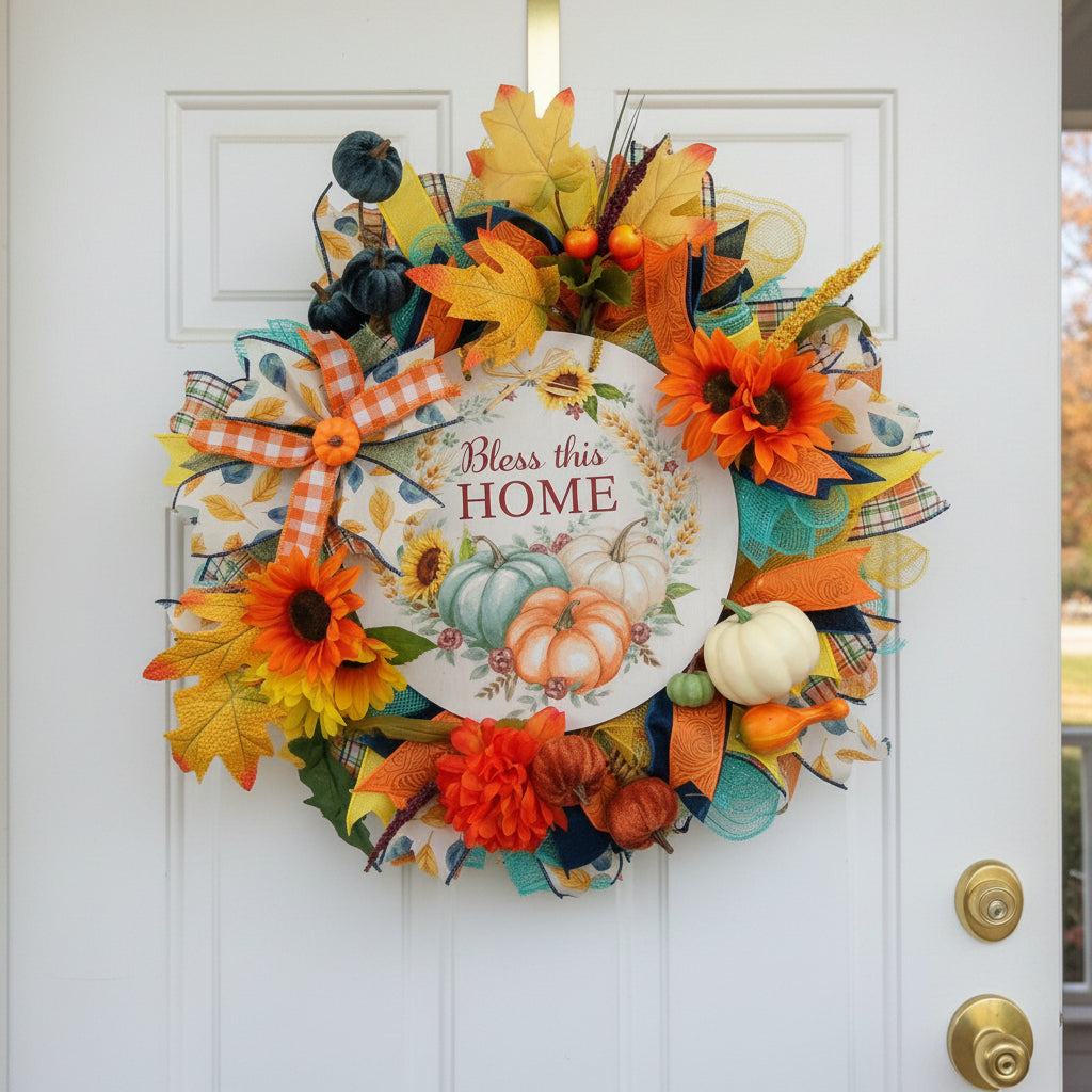 Sunflower Pumpkin Fall Wreath – ‘Bless This Home’ Autumn Decor