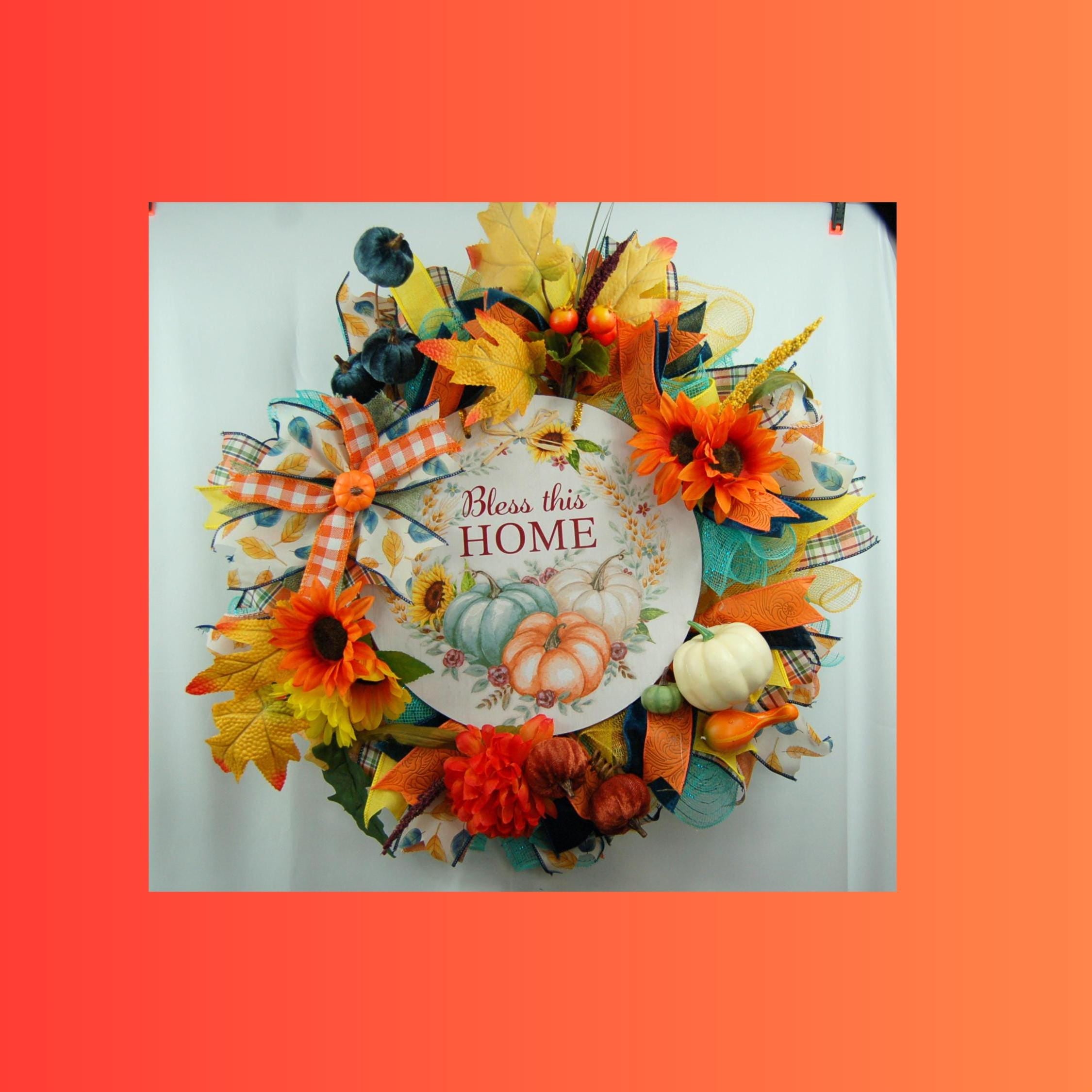 Sunflower Pumpkin Fall Wreath – ‘Bless This Home’ Autumn Decor