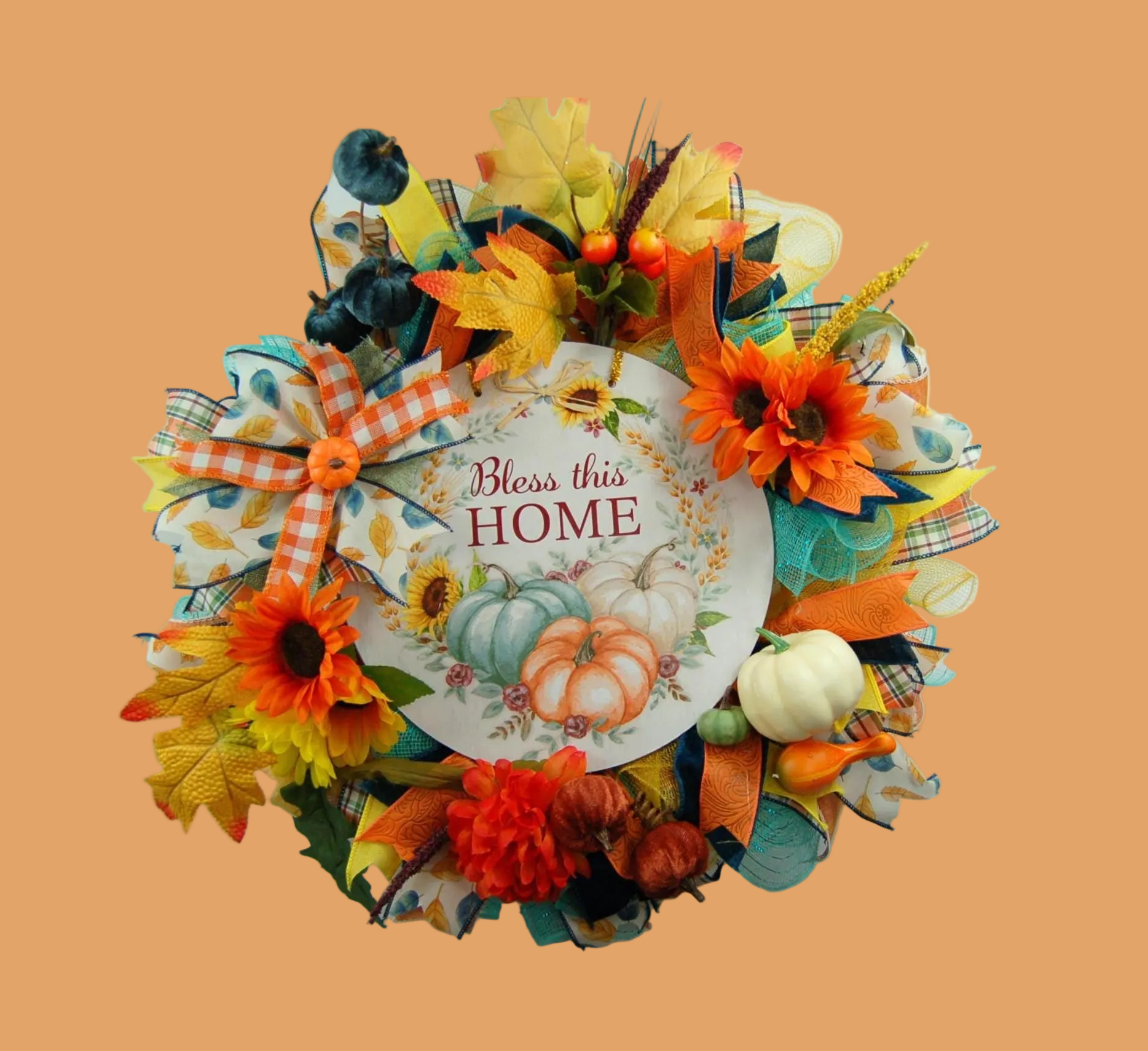 Sunflower Pumpkin Fall Wreath – ‘Bless This Home’ Autumn Decor