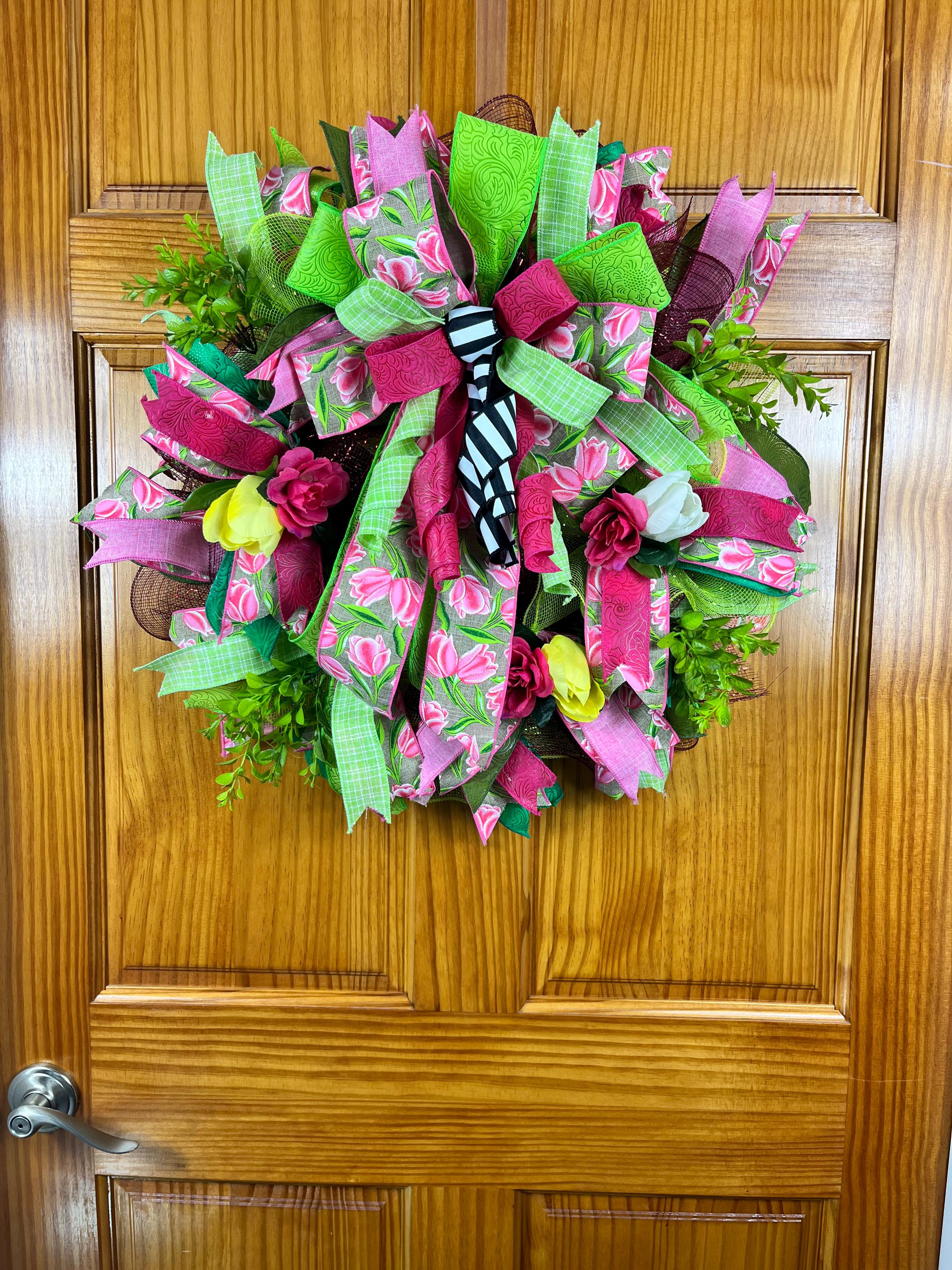 Bold Spring Floral Wreath| Pink, Yellow & Green Easter Tulip Decor