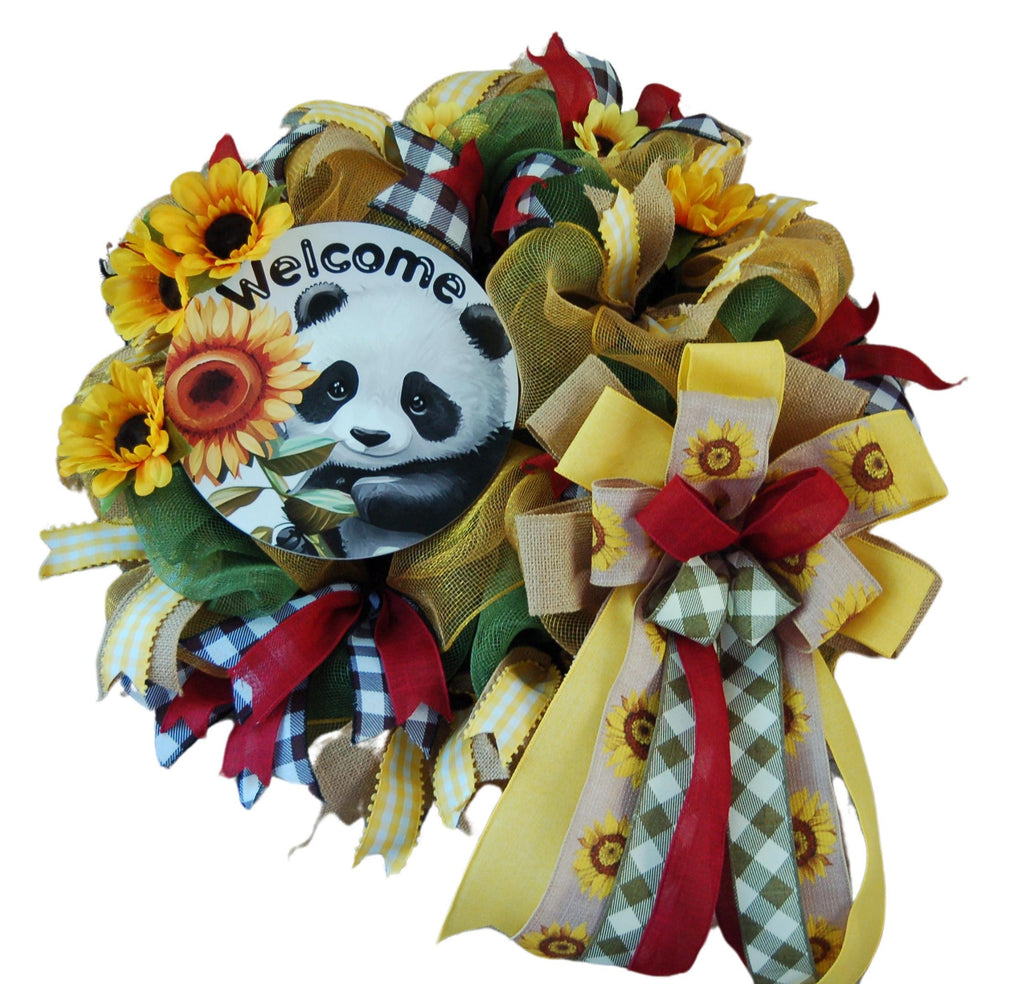 Panda Sunflower Wreath: Front Door Decor with Buffalo Plaid Bows