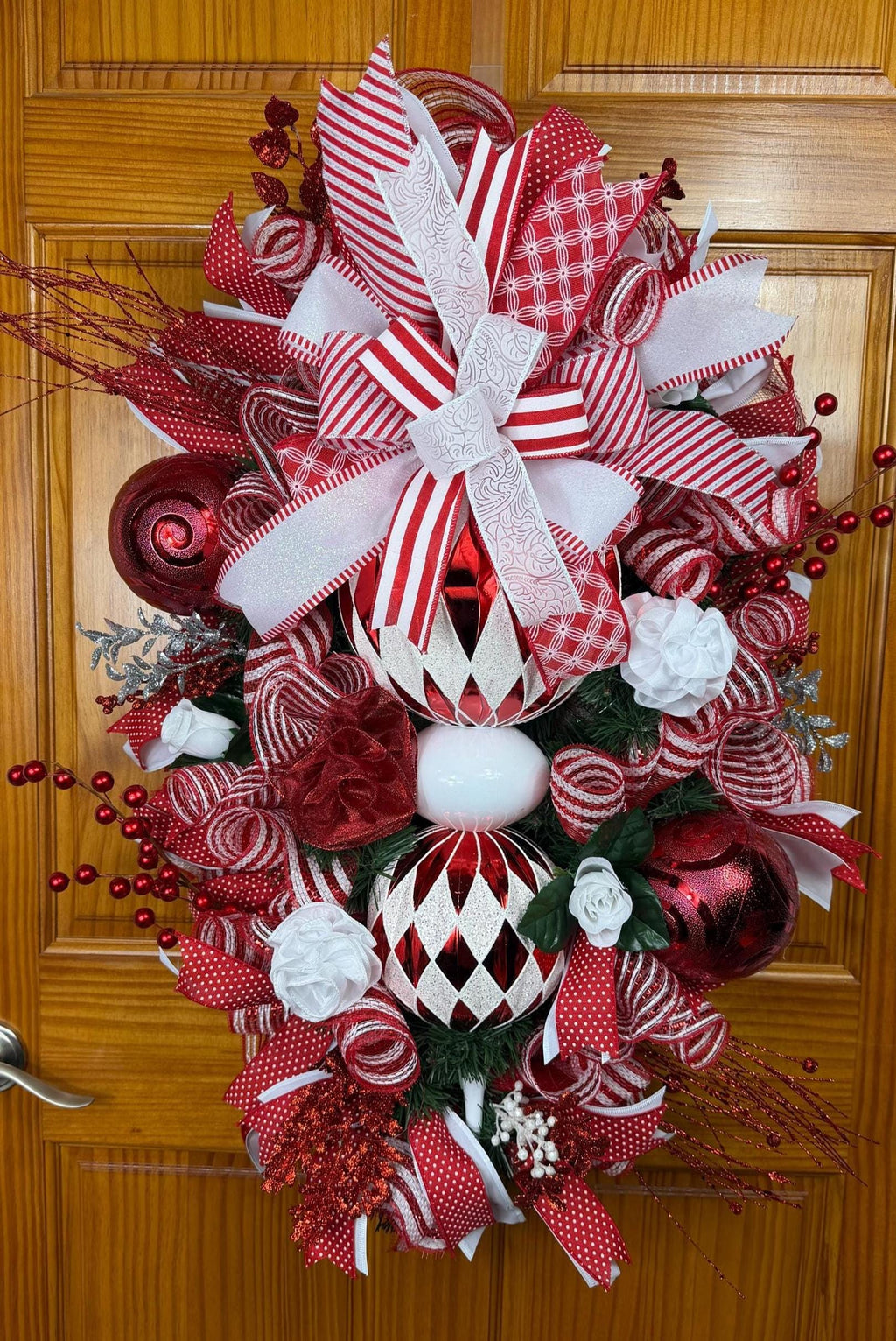 Elegant Stacked Ornament Christmas Wreath | Handmade Red & White Holiday Front Door Wreath | Luxury Christmas Door Hanger | Farmhouse Holiday Decor