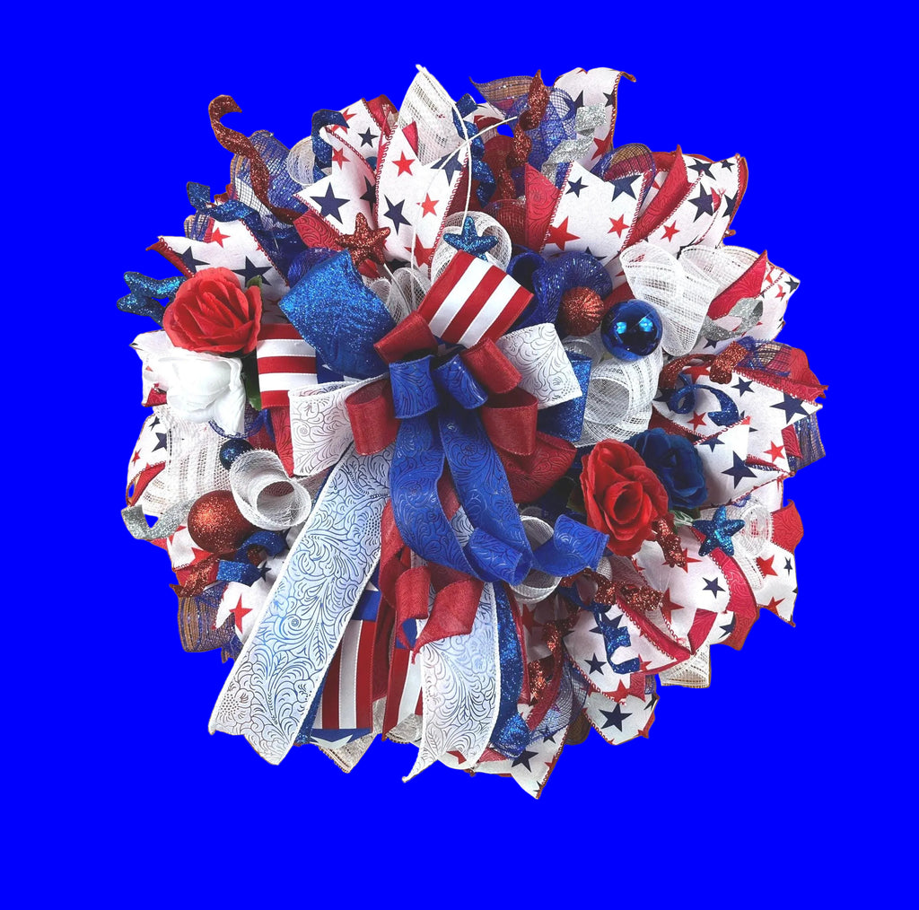 Patriotic Red, White & Blue Wreath | 4th of July Front Door Wreath | Handmade Americana Wreath | Memorial Day Decor | Veteran's Day Wreath