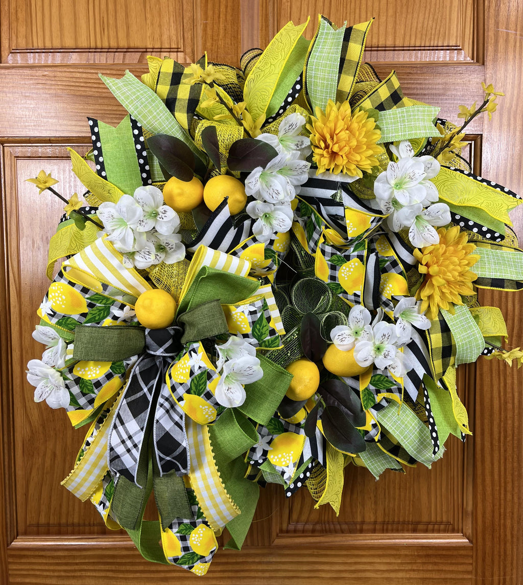Lemon Summer Wreath | Yellow Floral Farmhouse Decor with Gingham Ribbon