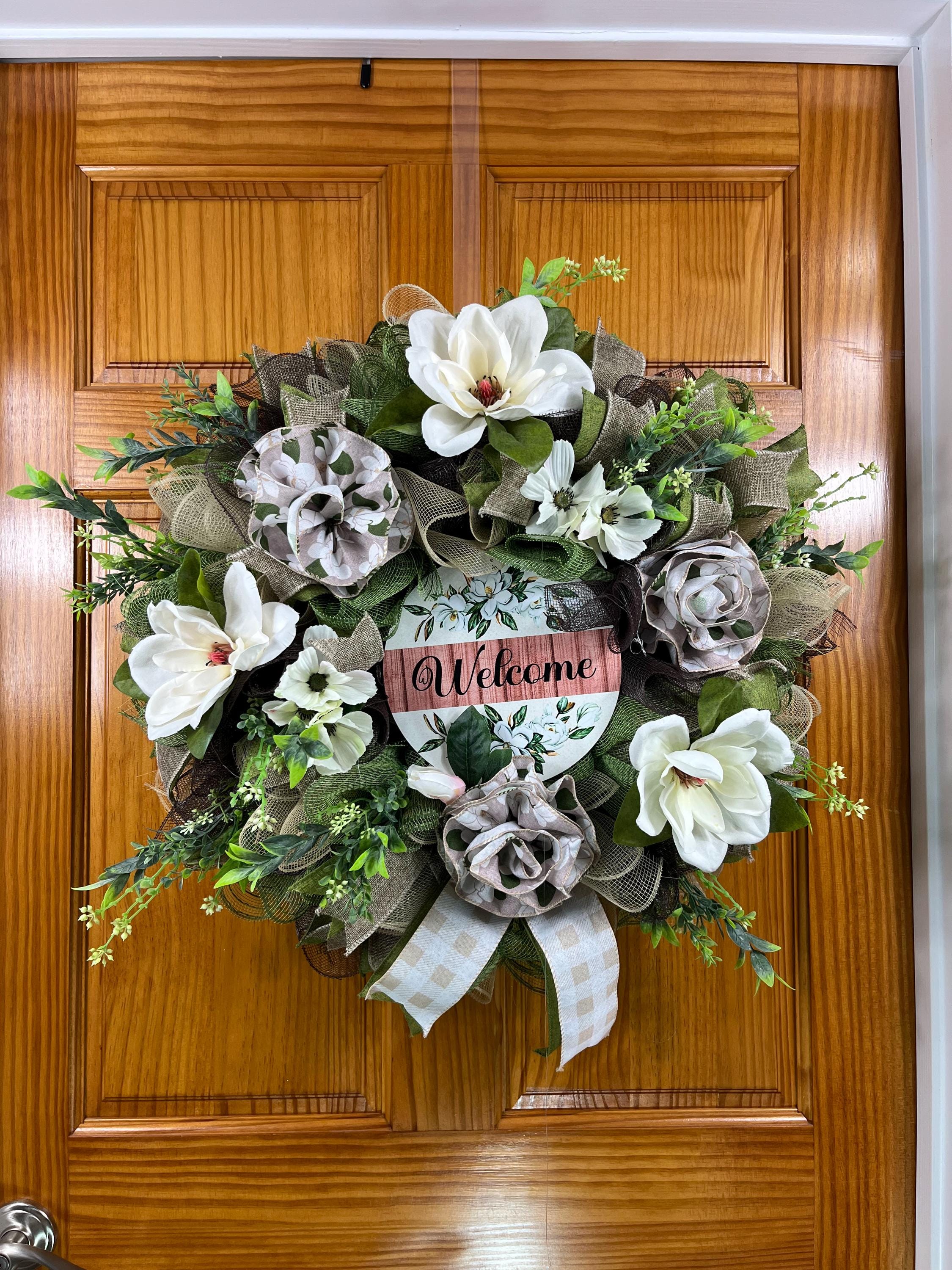 Everyday| Farmhouse Welcome Wreath| Cream Flowers, Burlap Mesh, Greenery