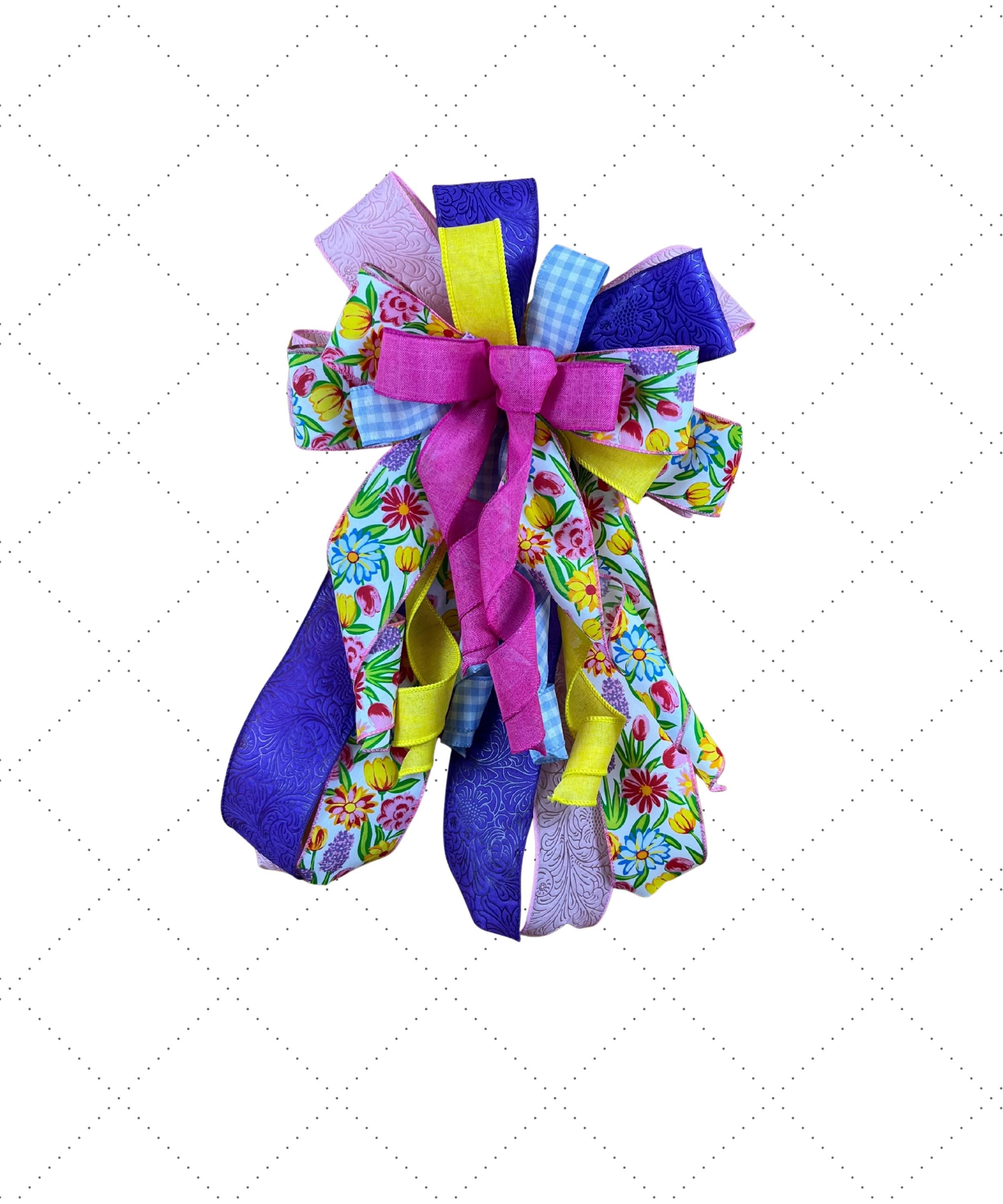 Bow | Spring Floral Wreath Bow | Door Decor with Pink, Yellow & Purple Ribbon
