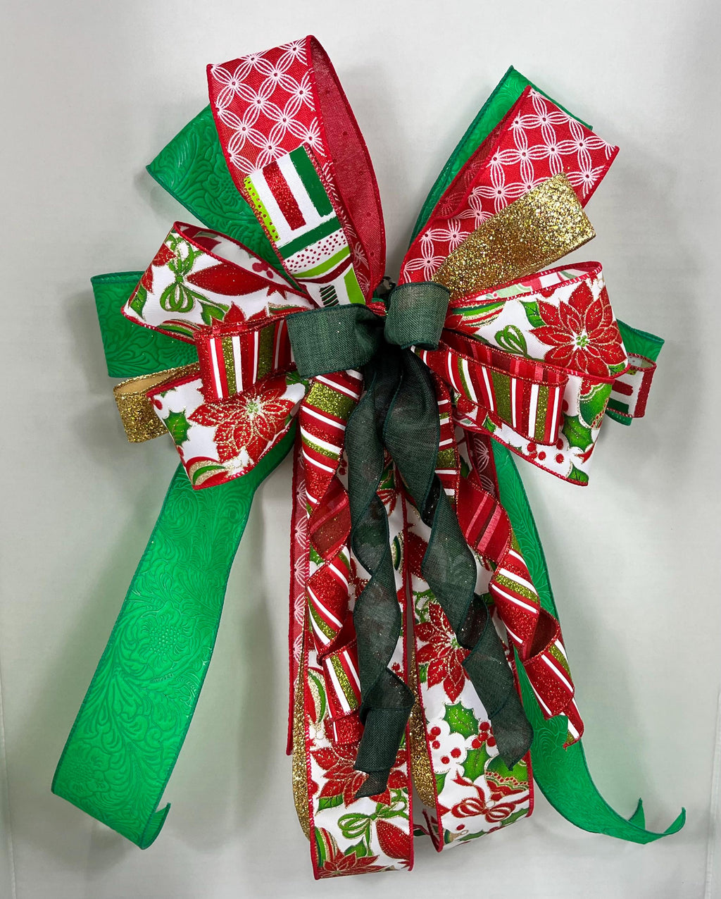 Bow| Christmas Poinsettia | Red, Green, Gold Door Decor| Tree Topper