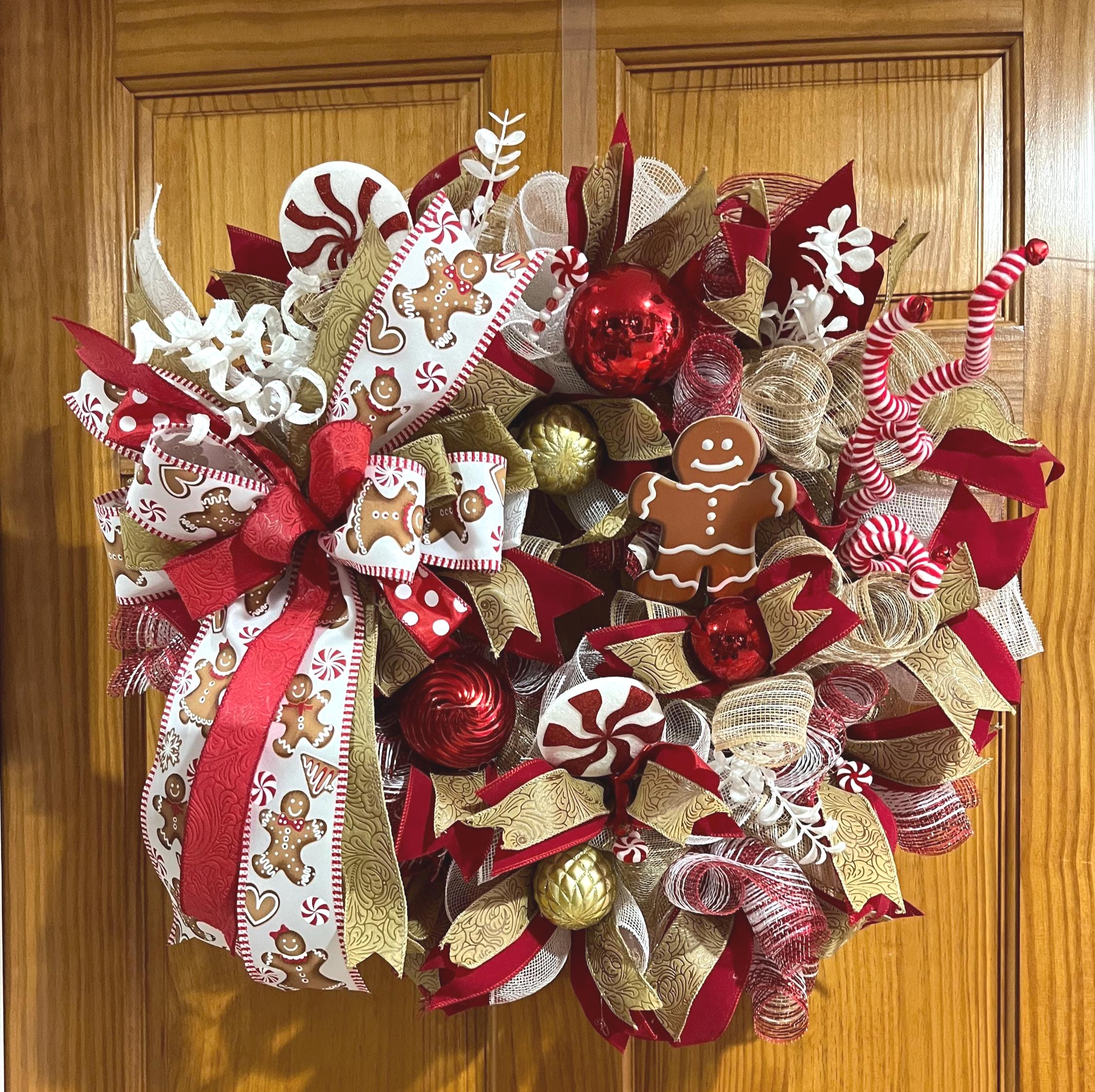 Christmas| Gingerbread Man Christmas Wreath | Red Gold Peppermint Candy Holiday Door Decor