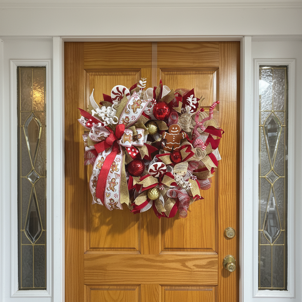 A festive Christmas wreath made of red, white, and beige mesh, ribbon, and decorative elements, hung on a wooden door. The wreath features red and white bows, candy canes, gingerbread cookies, peppermint candies, and gold and beige mesh accents.