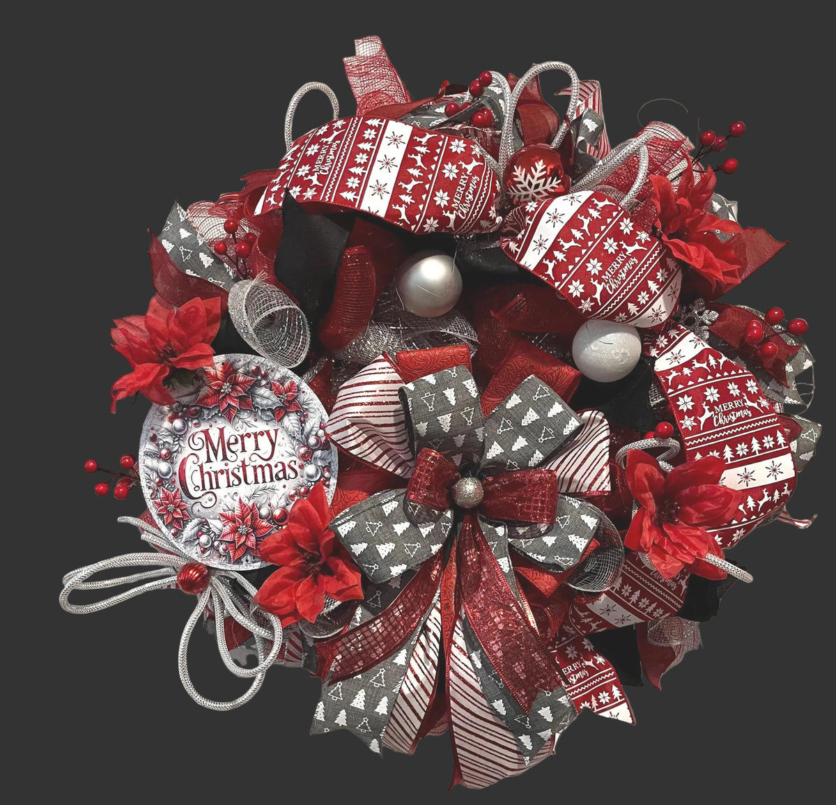 Merry Christmas Wreath | Traditional Christmas Front Door Wreath | Red Silver Farmhouse Holiday Decor | Handmade Christmas Door Hanger