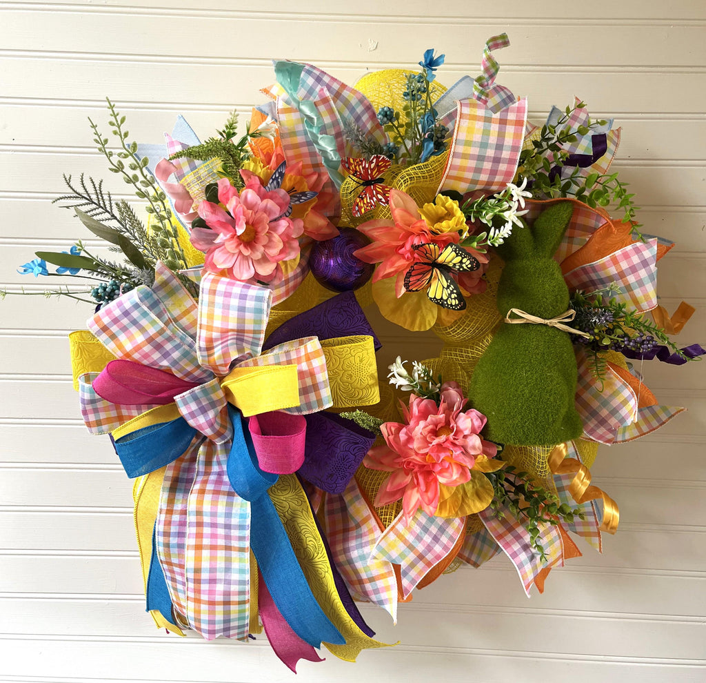 Easter Bunny Wreath | Pastel Plaid Floral Door Hanger | Spring Wreath