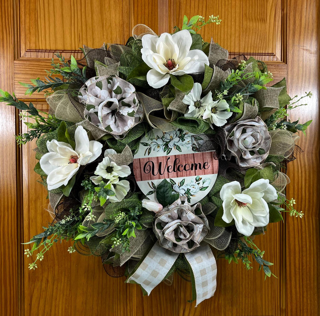 Everyday| Farmhouse Welcome Wreath| Cream Flowers, Burlap Mesh, Greenery
