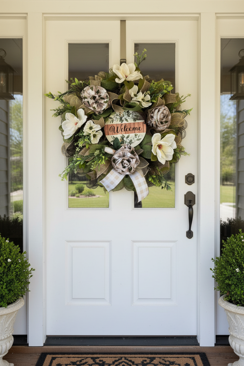 Farmhouse Welcome Wreath| Cream Flowers, Burlap Mesh, Greenery