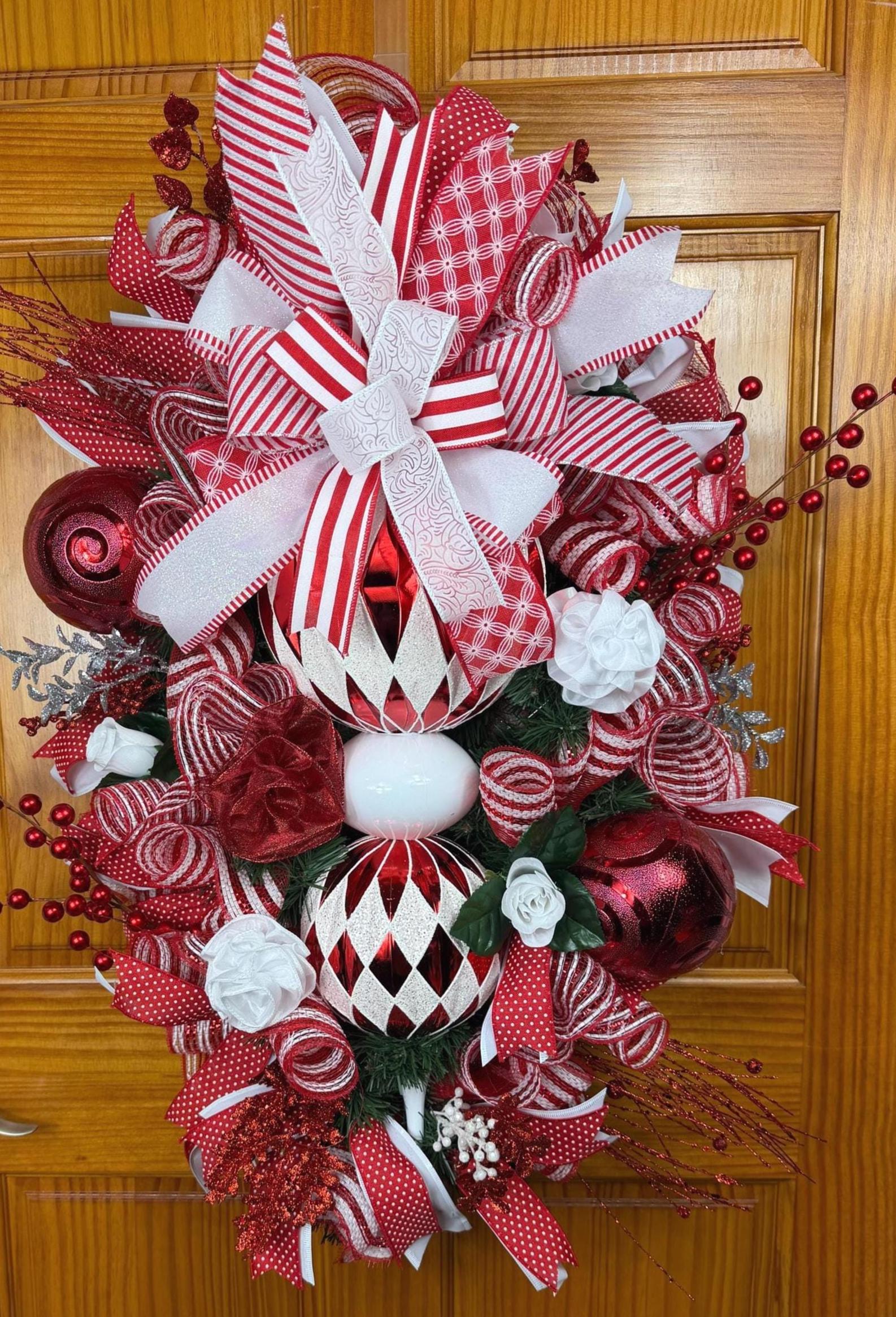 Red White Ornament Christmas Wreath | Elegant Holiday Door Decor