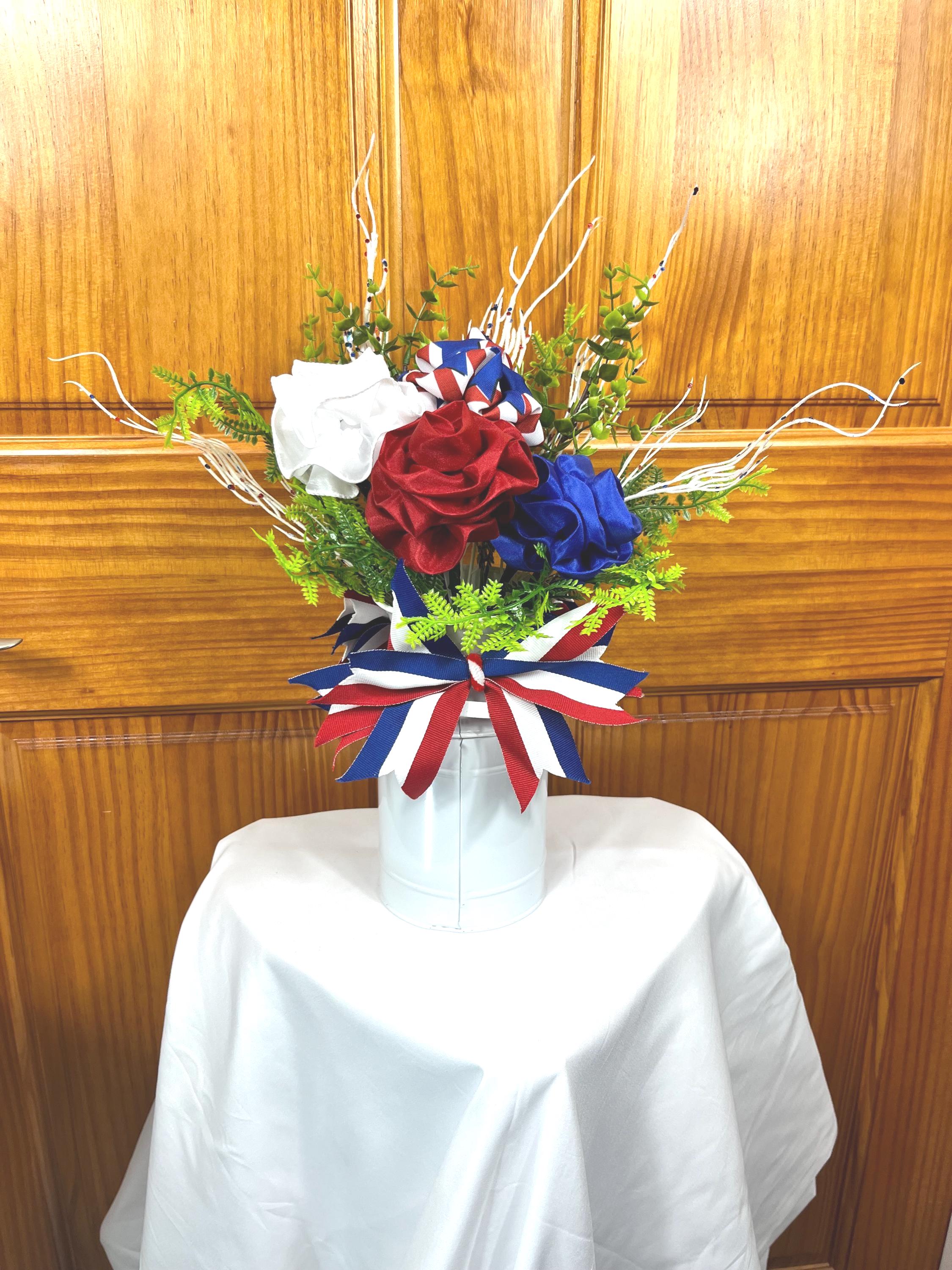 Patriotic Floral Arrangement | Red White Blue Centerpiece in White Tin