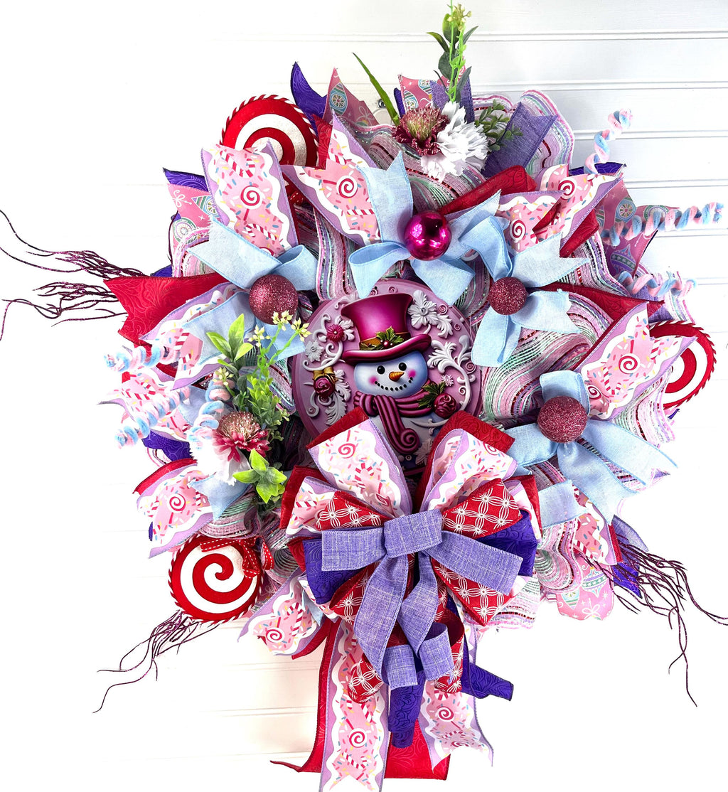 Christmas| Pink Snowman Christmas Wreath | Candy-Themed Winter Door Decor