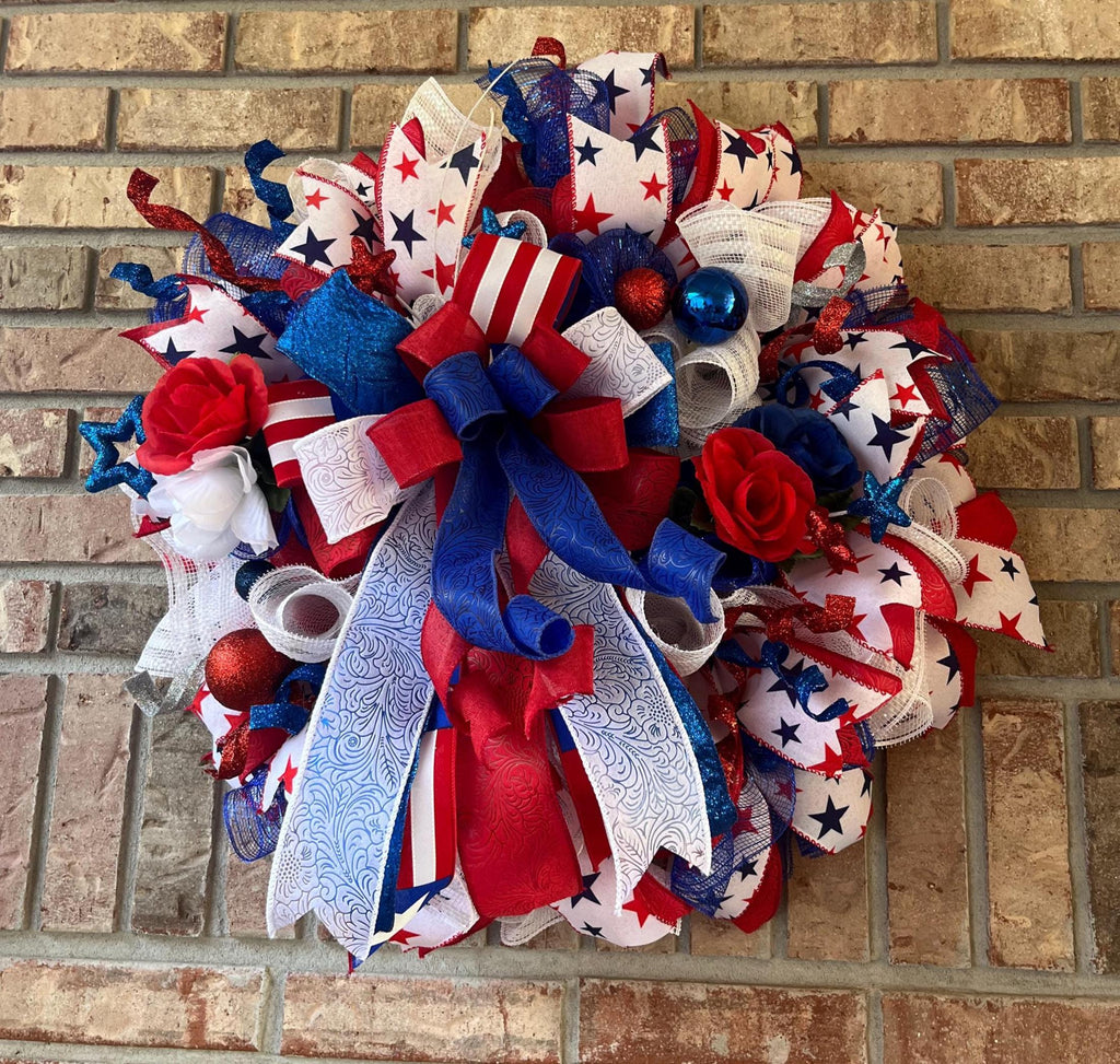 Patriotic Red, White & Blue Wreath | 4th of July Front Door Wreath | Handmade Americana Wreath | Memorial Day Decor | Veteran's Day Wreath