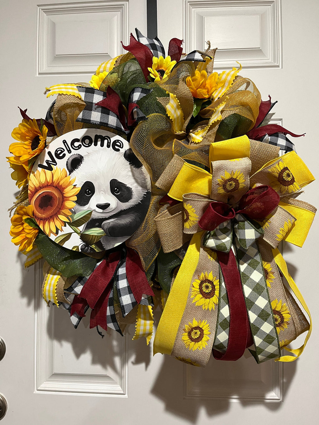 Panda Sunflower Wreath: Front Door Decor with Buffalo Plaid Bows