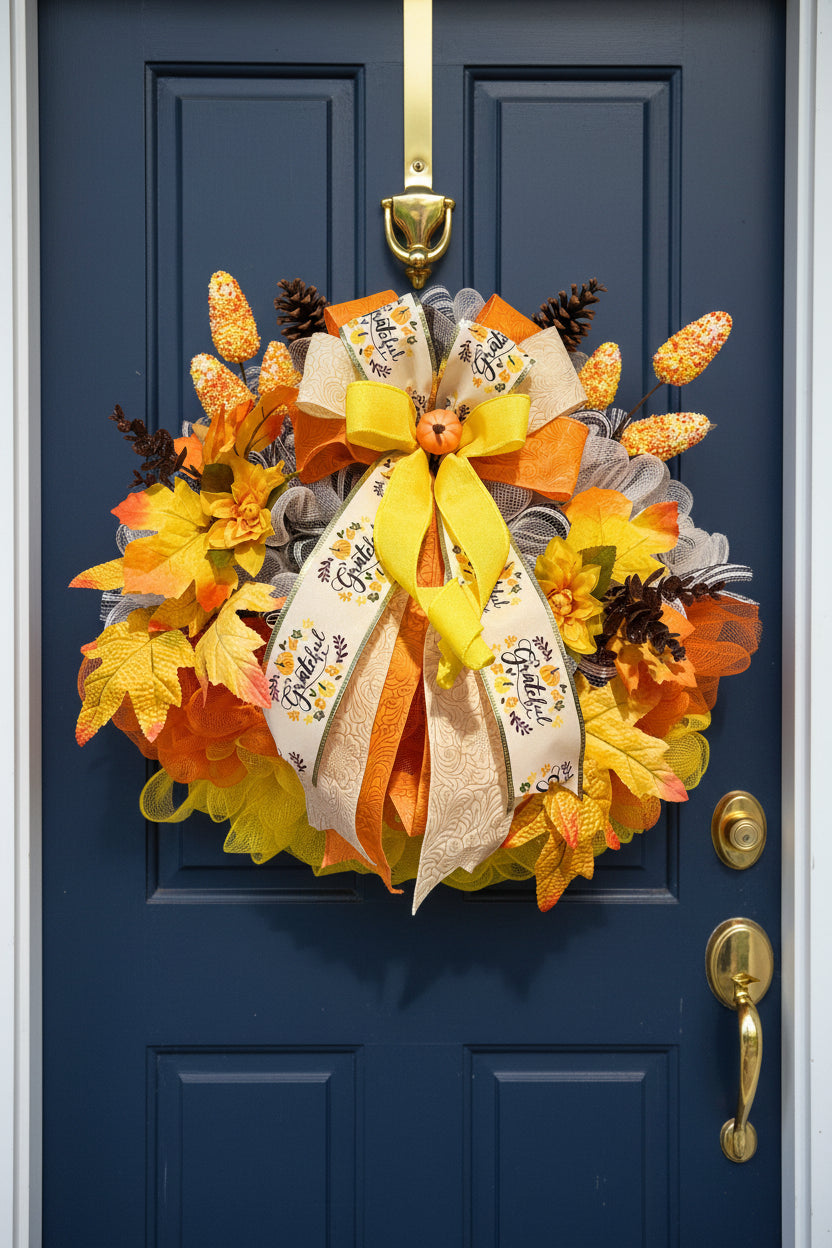 Thanksgiving | Thanksgiving Wreath | Mesh Autumn Leaves | Pumpkins | 'Give Thanks' Ribbon