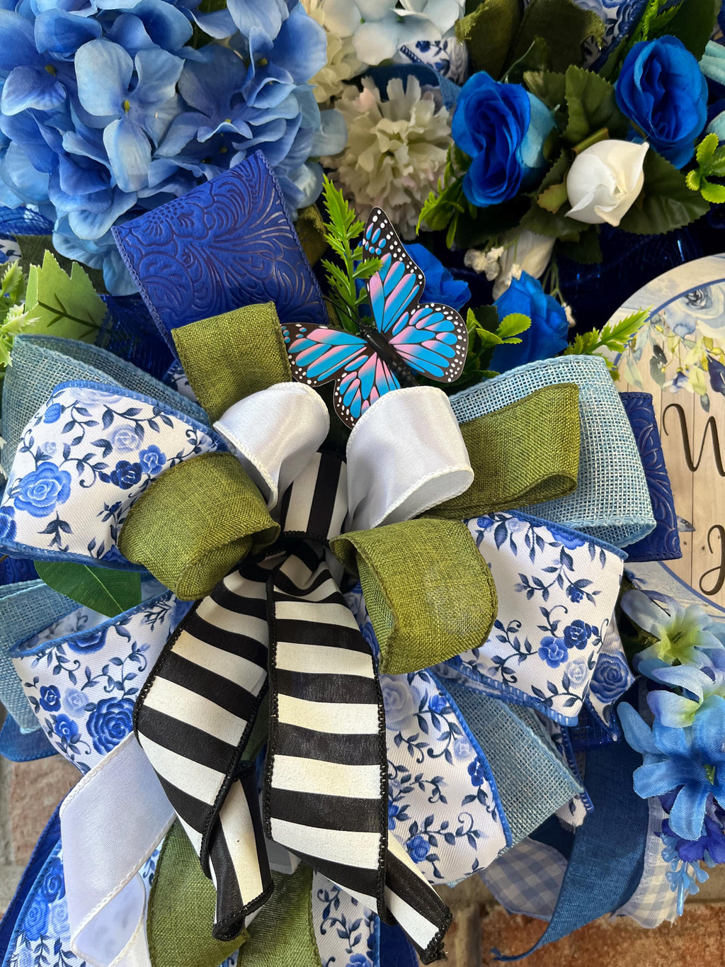 Blue Hydrangea Welcome Home Wreath | Blue White Ribbon Front Door Decor
