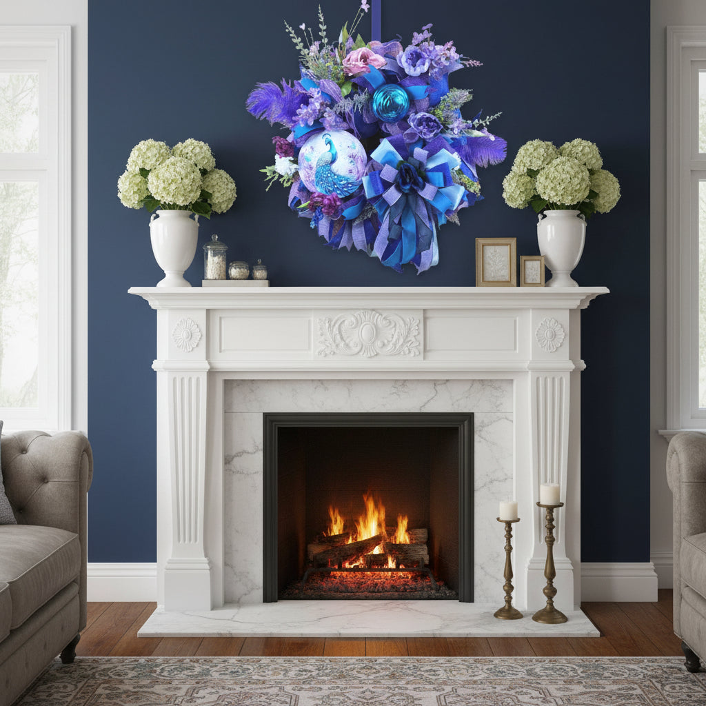 A decorative wreath or floral arrangement in shades of blue, purple, and pink, featuring faux flowers, ribbon bows, feathers, and a peacock ornament, isolated on a white background.