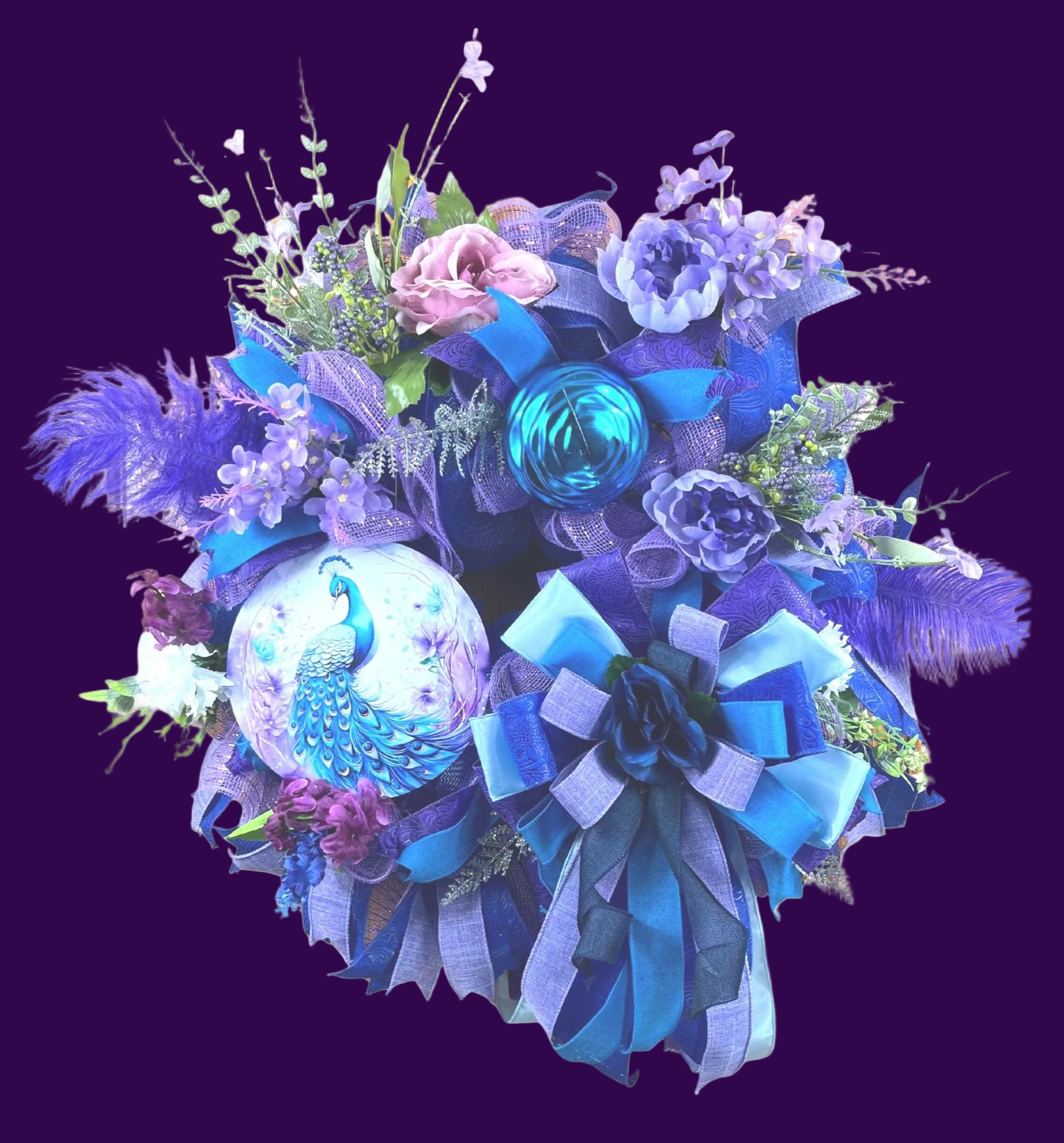 Royal Peacock Wreath | Handmade Blue & Purple Front Door Wreath | Elegant Floral Peacock Door Hanger | Luxury Everyday Home Decor