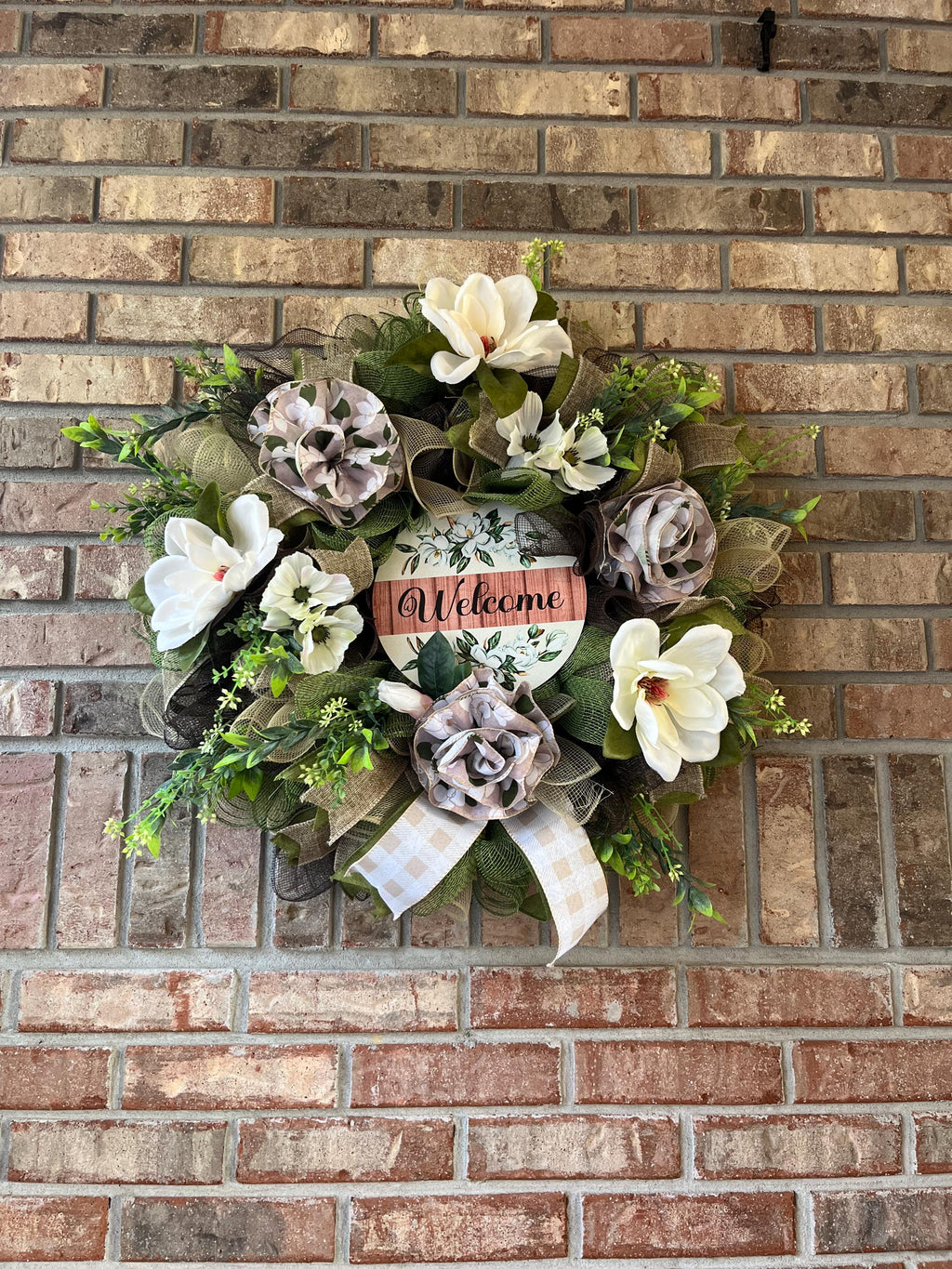 Everyday| Farmhouse Welcome Wreath| Cream Flowers, Burlap Mesh, Greenery