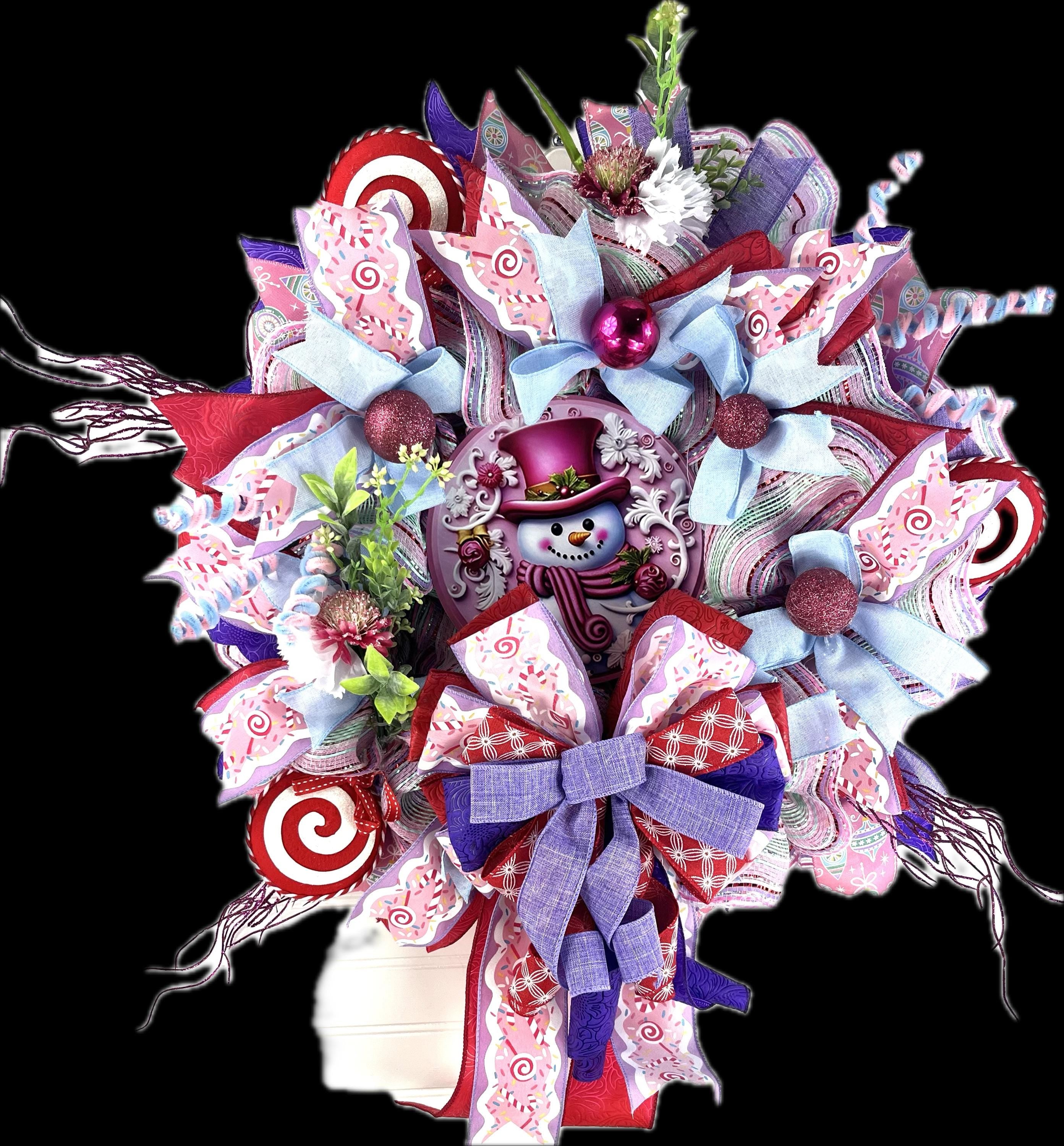 Christmas| Pink Snowman Christmas Wreath | Candy-Themed Winter Door Decor