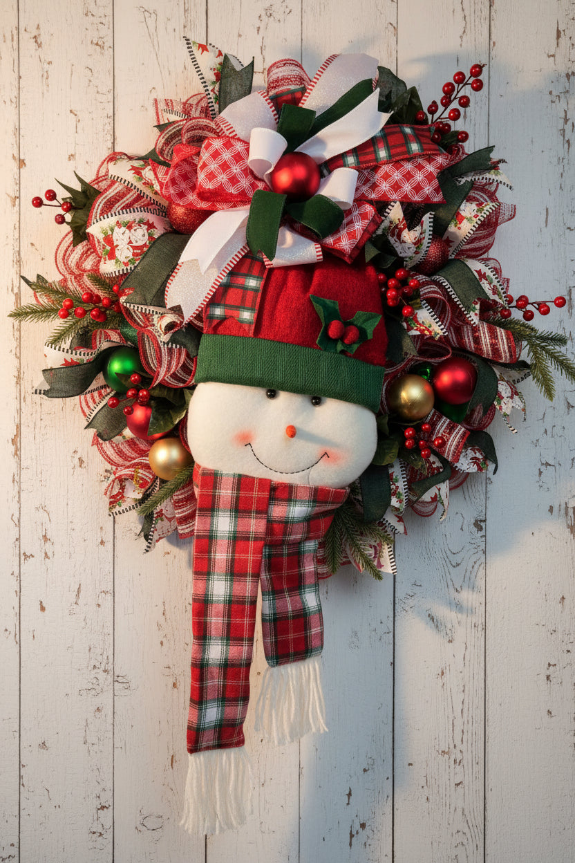 A festive Christmas snowman door wreath hanging on a brown wooden door. The wreath features a plush snowman face with a red and green plaid scarf, a red and green plaid hat, red berries, green pine branches, and large red, white, and green plaid ribbons and bows.