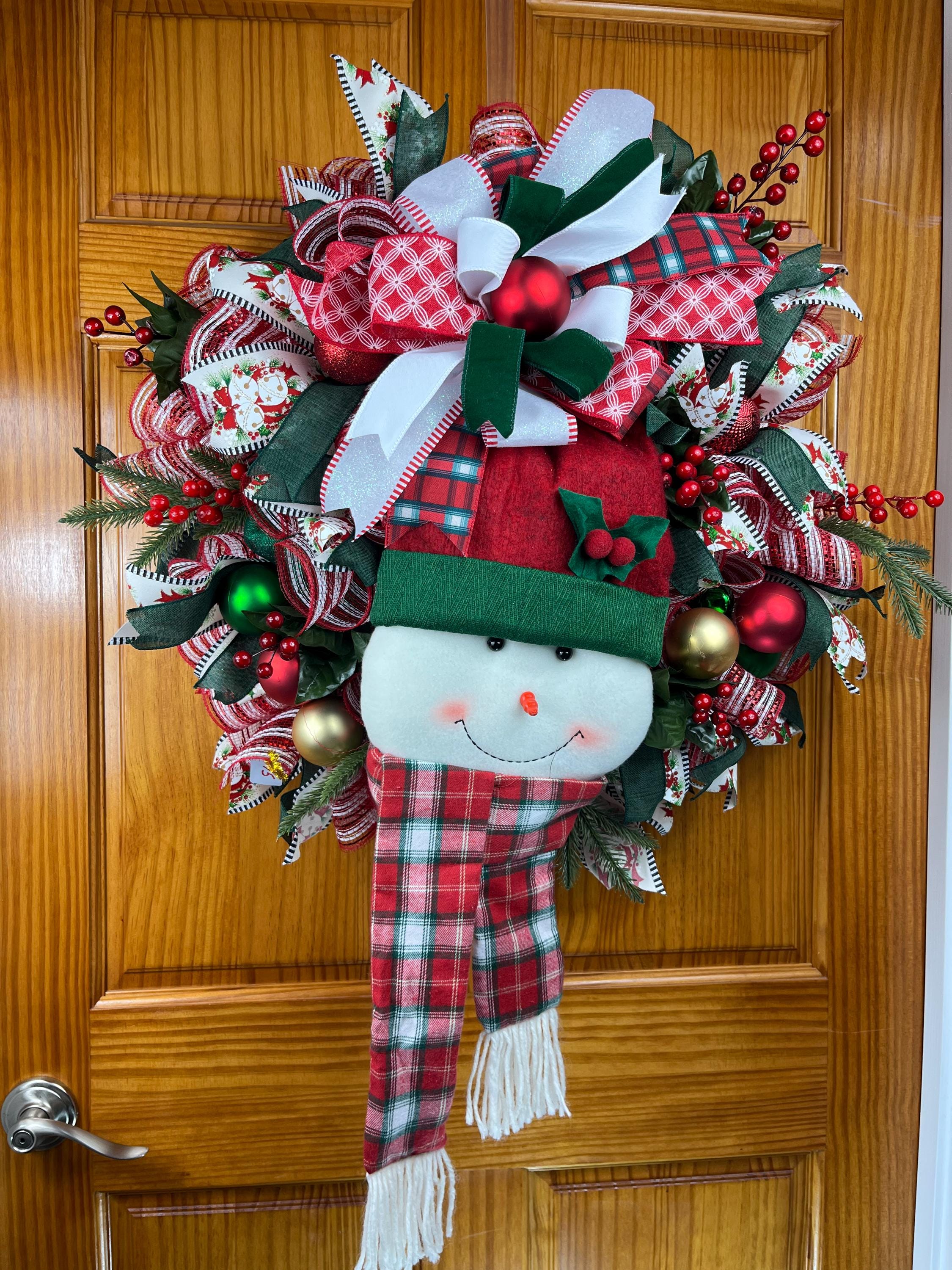 Snowman Christmas Wreath | Plaid Hat, Festive Ribbons, Winter Door Decor