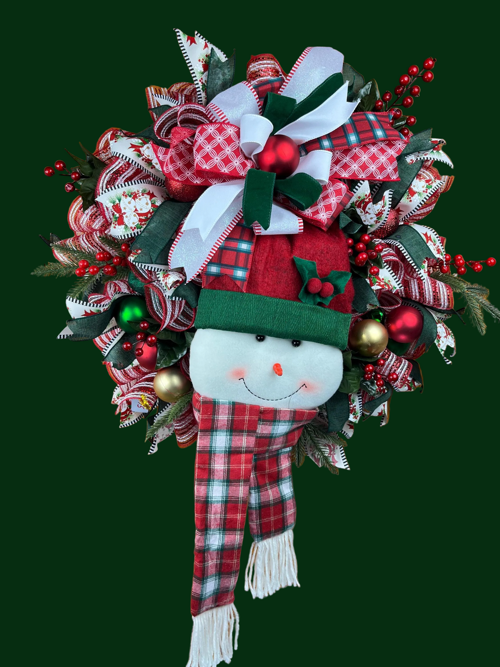 Snowman Christmas Wreath | Handmade Holiday Front Door Wreath | Traditional Red & Green Winter Door Hanger | Farmhouse Christmas Decor