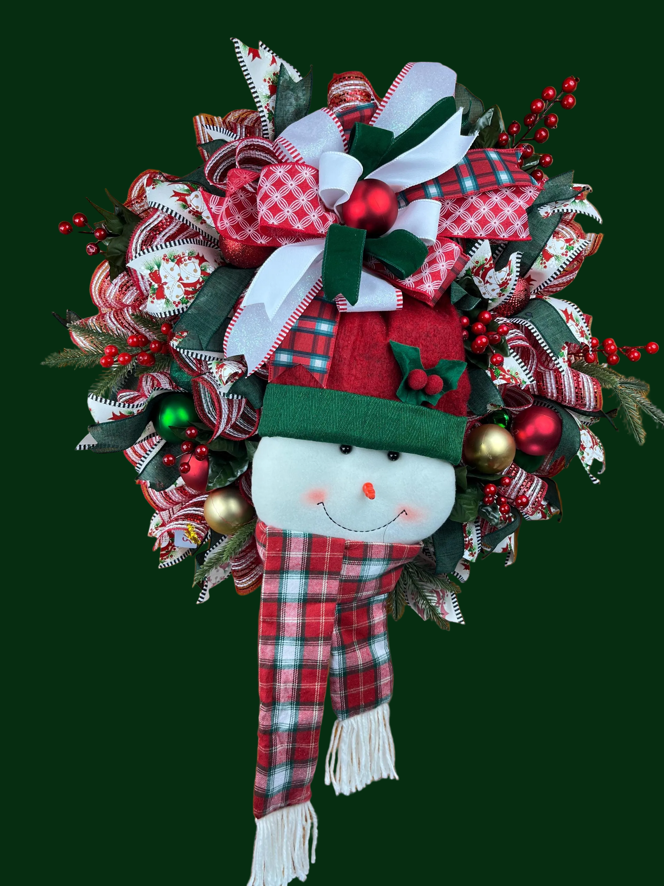 Snowman Christmas Wreath | Handmade Holiday Front Door Wreath | Traditional Red & Green Winter Door Hanger | Farmhouse Christmas Decor