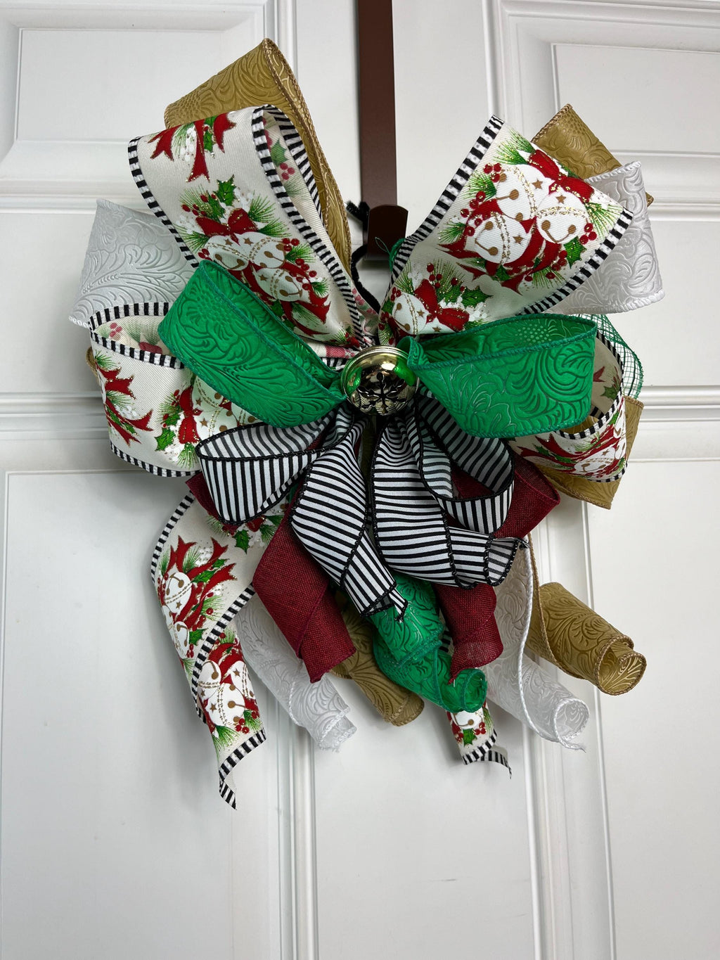 Bow | Christmas Decor | Holly Ribbon & Silver Bell Wreath Decor