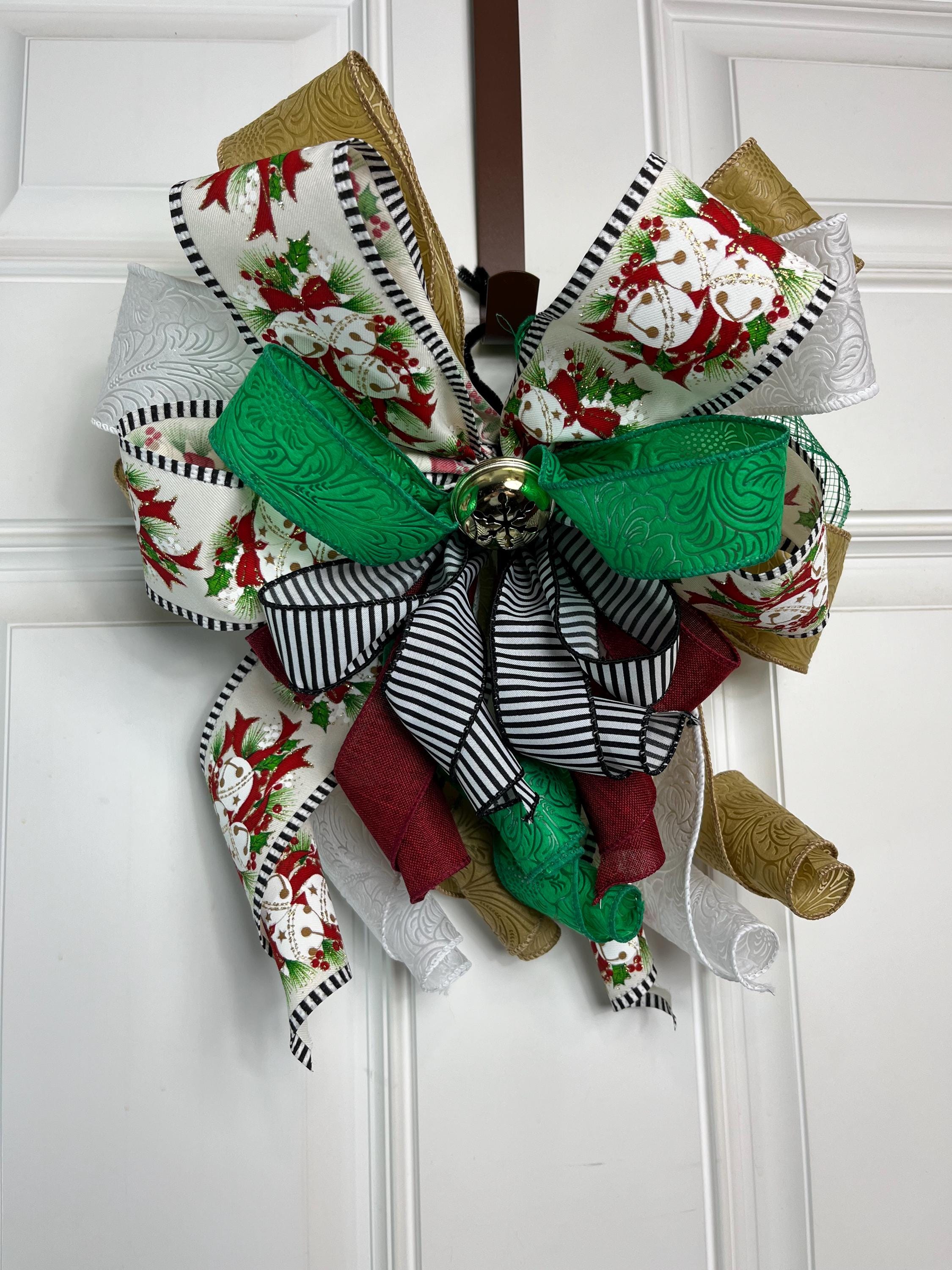 Bow | Christmas Decor | Holly Ribbon & Silver Bell Wreath Decor